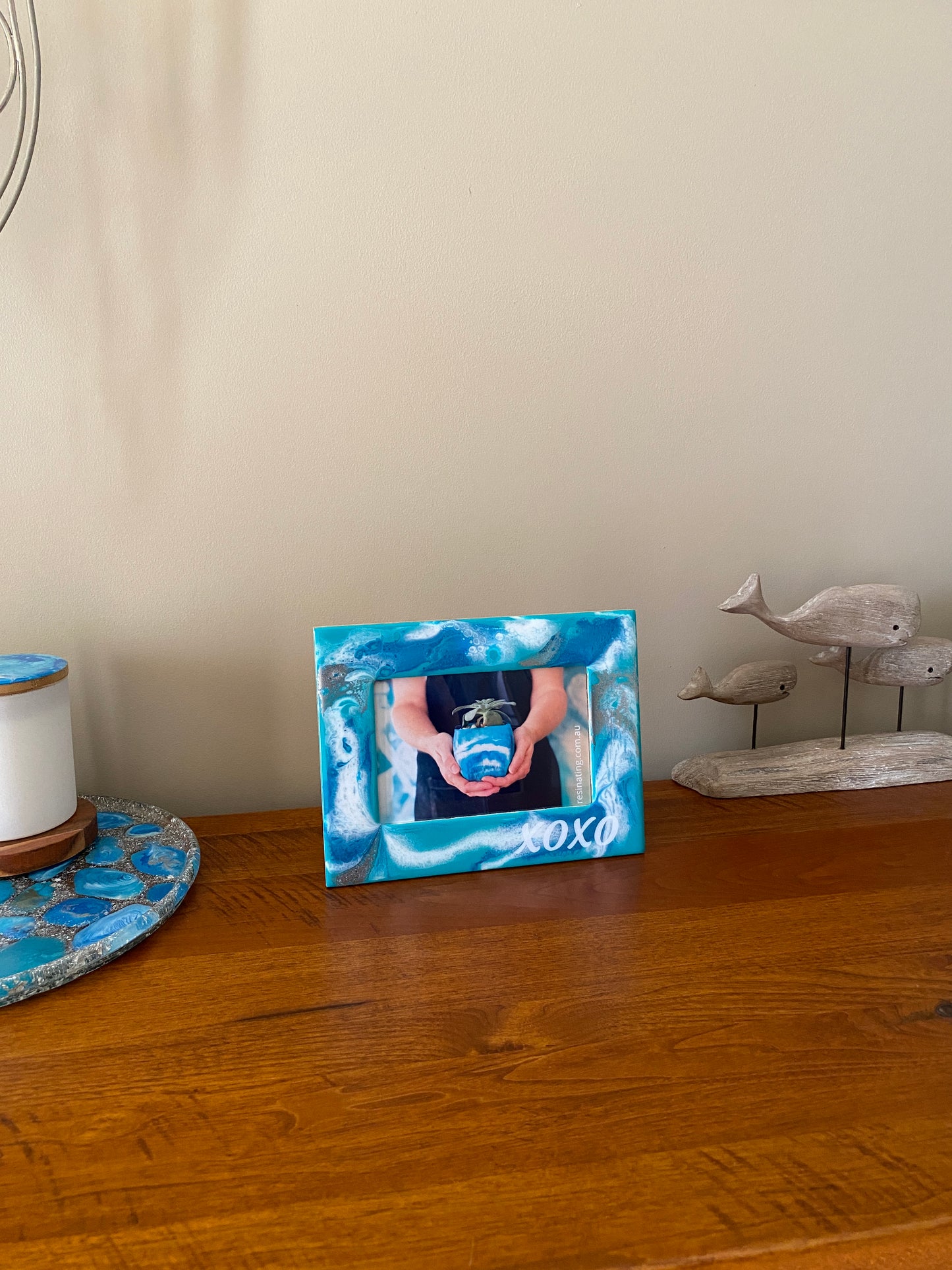 Photo frame - decorated in teal green, white and silver resin