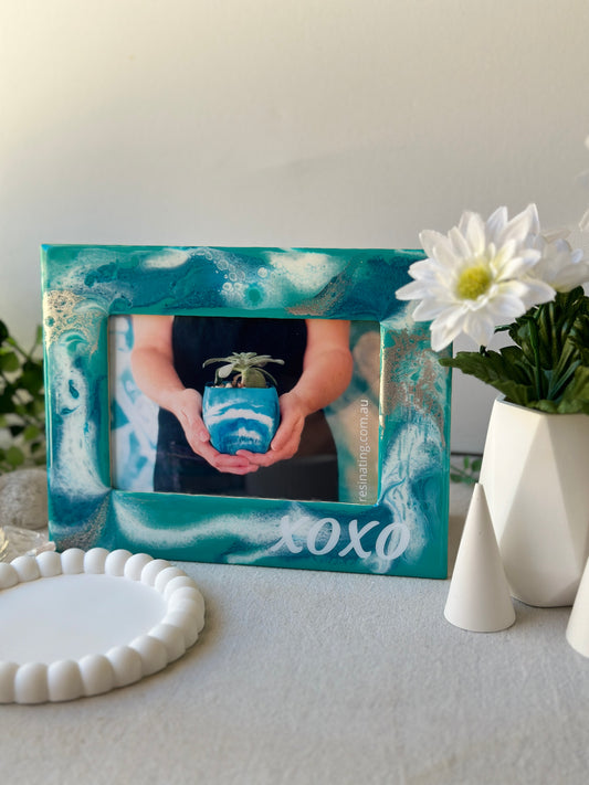 Photo frame - decorated in teal green, white and silver resin