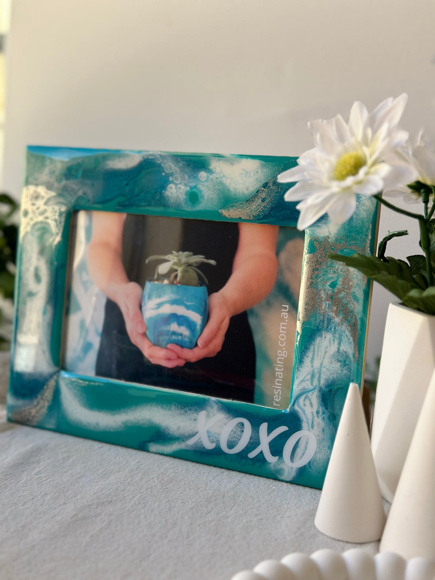 Photo frame - decorated in teal green, white and silver resin