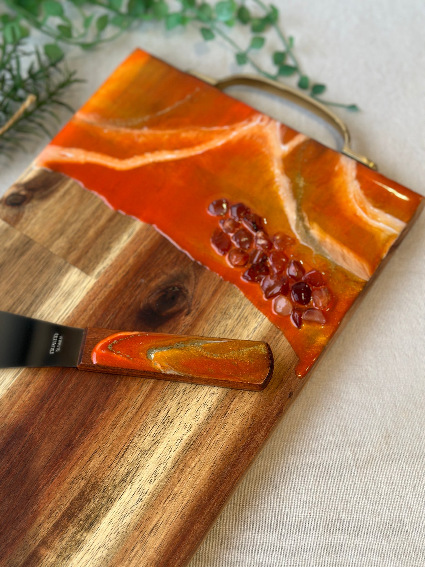SERVING BOARD - metallic orange resin with real red carnelian gems, serving board with FREE matching knife - READY TO POST