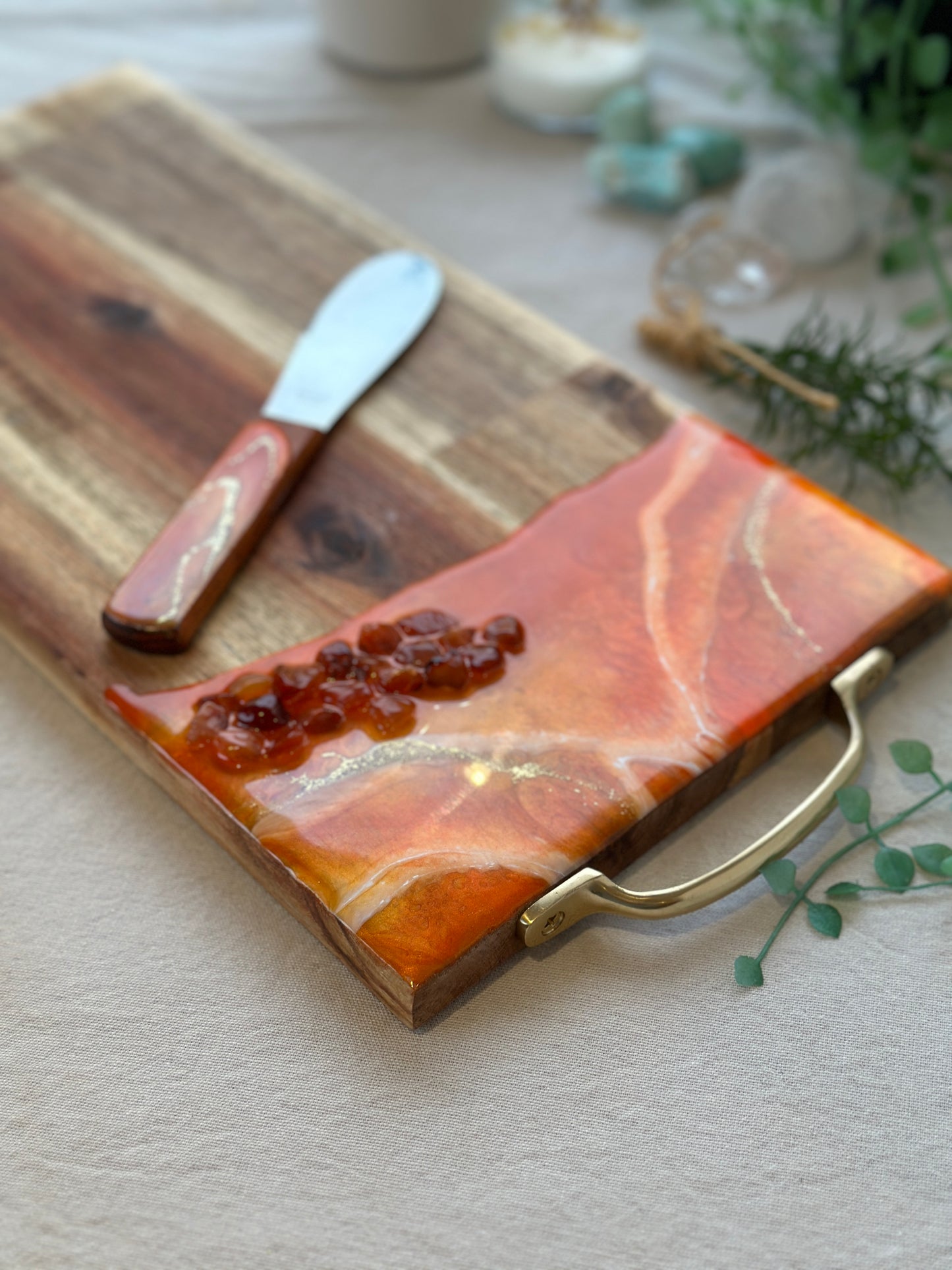 SERVING BOARD - metallic orange resin with real red carnelian gems, serving board with matching knife