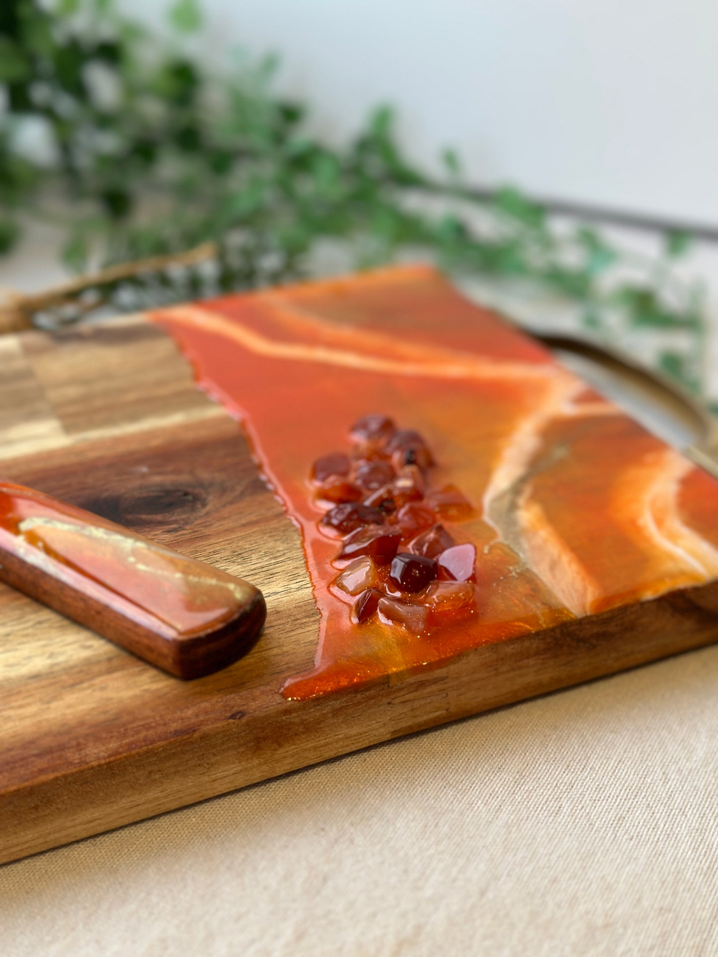 SERVING BOARD - metallic orange resin with real red carnelian gems, serving board with FREE matching knife - READY TO POST