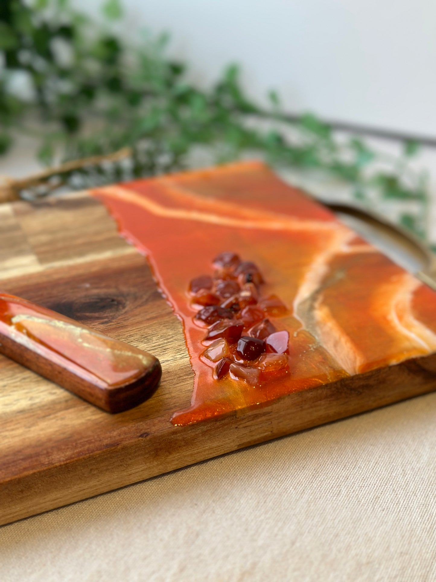 SERVING BOARD - metallic orange resin with real red carnelian gems, serving board with matching knife