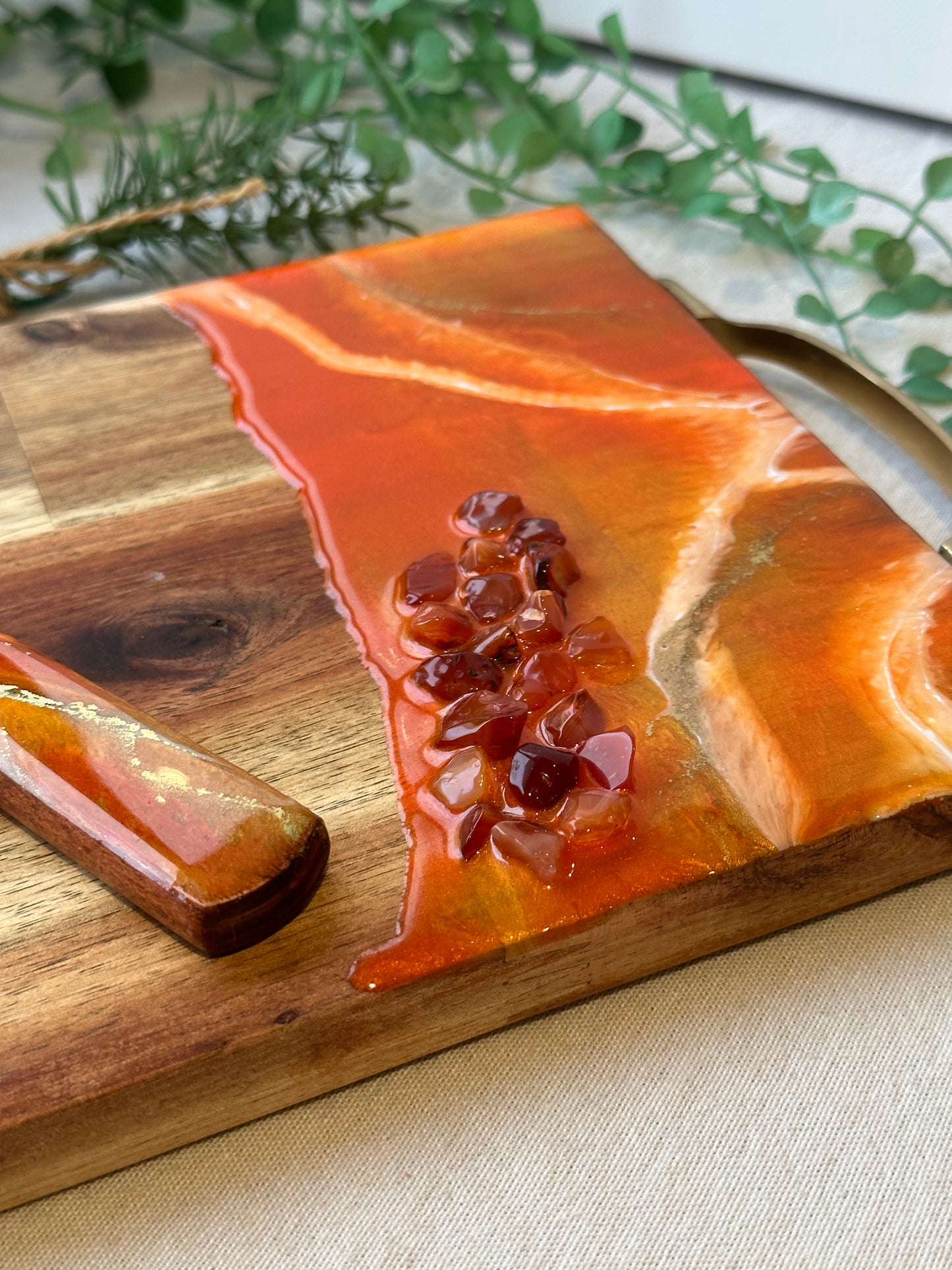 SERVING BOARD - metallic orange resin with real red carnelian gems, serving board with FREE matching knife - READY TO POST