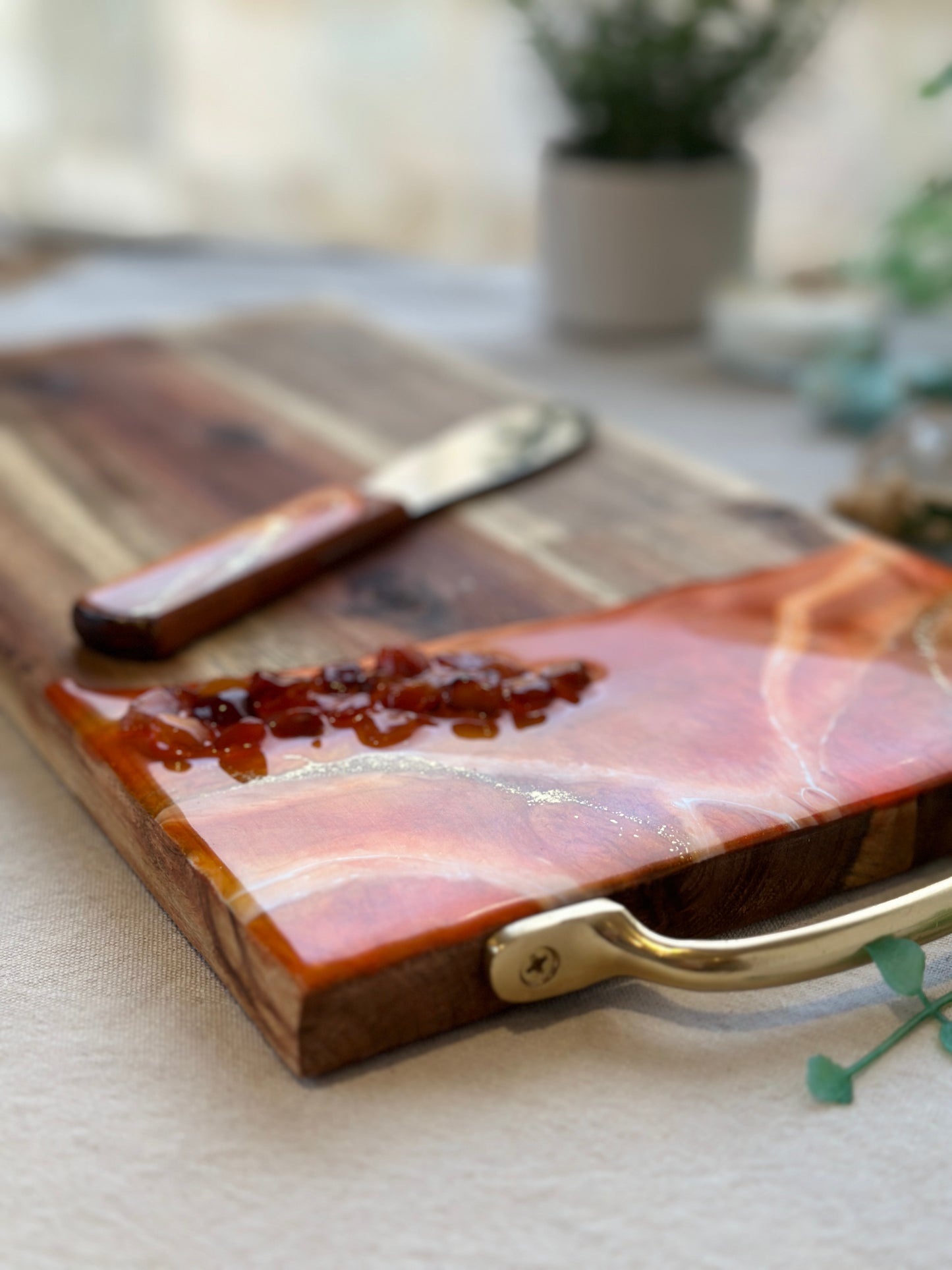 SERVING BOARD - metallic orange resin with real red carnelian gems, serving board with FREE matching knife - READY TO POST