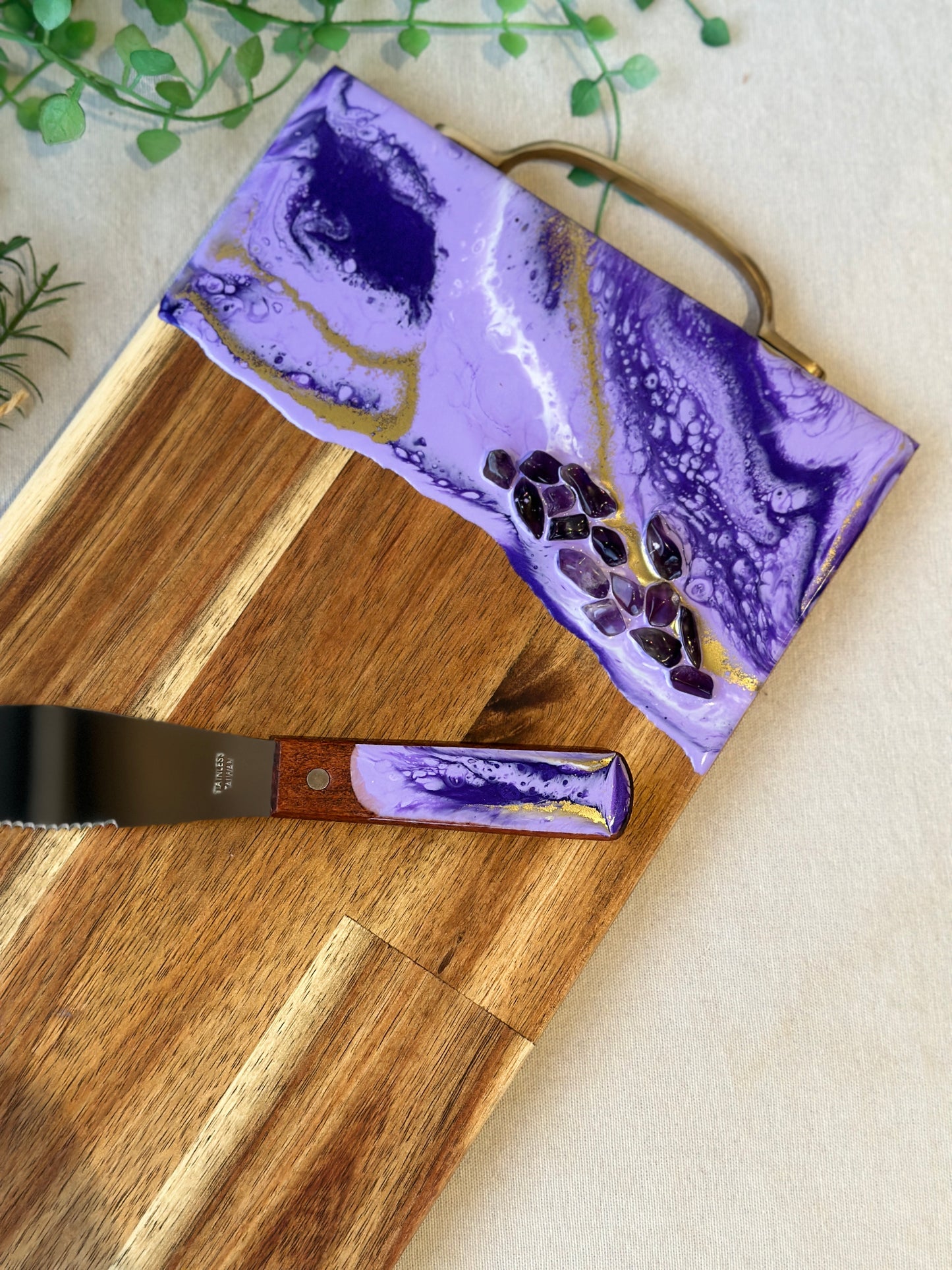 SERVING BOARD - purple resin with real amethyst crystals, serving board with FREE matching knife - READY TO POST