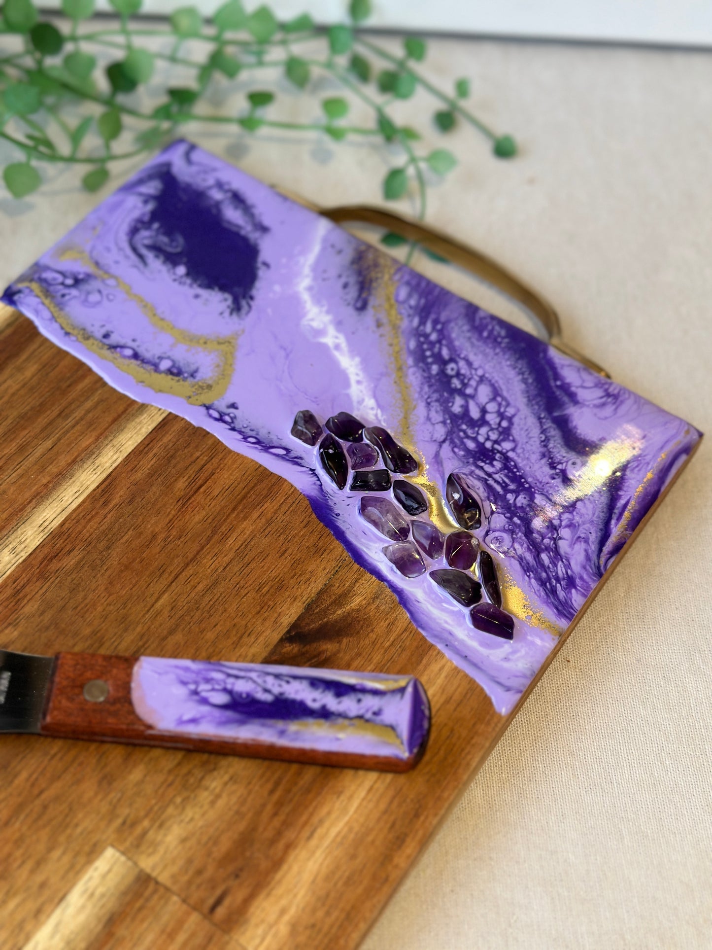 SERVING BOARD - purple resin with real amethyst crystals, serving board with FREE matching knife - READY TO POST