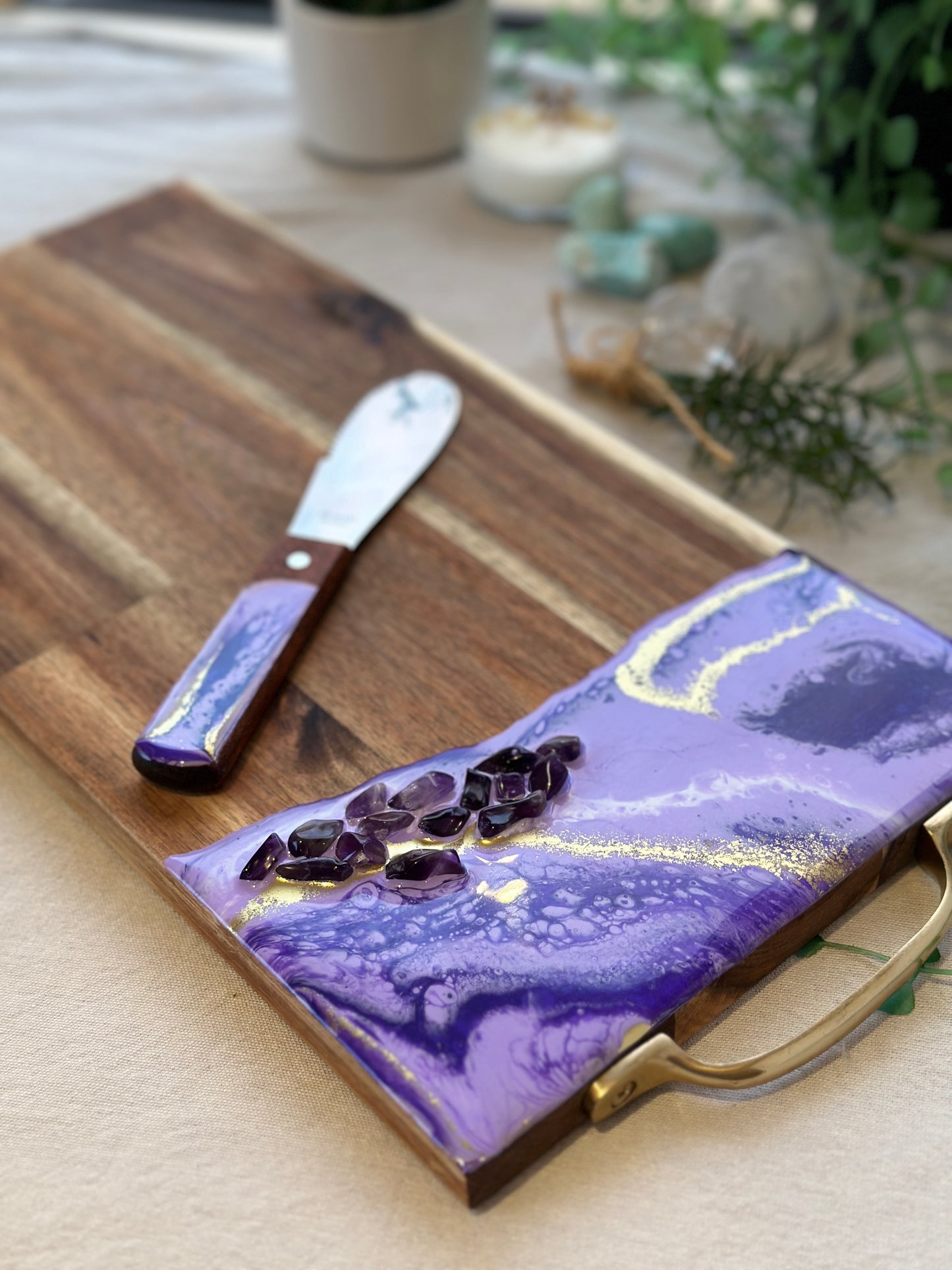 SERVING BOARD - purple resin with real amethyst crystals, serving board with FREE matching knife - READY TO POST