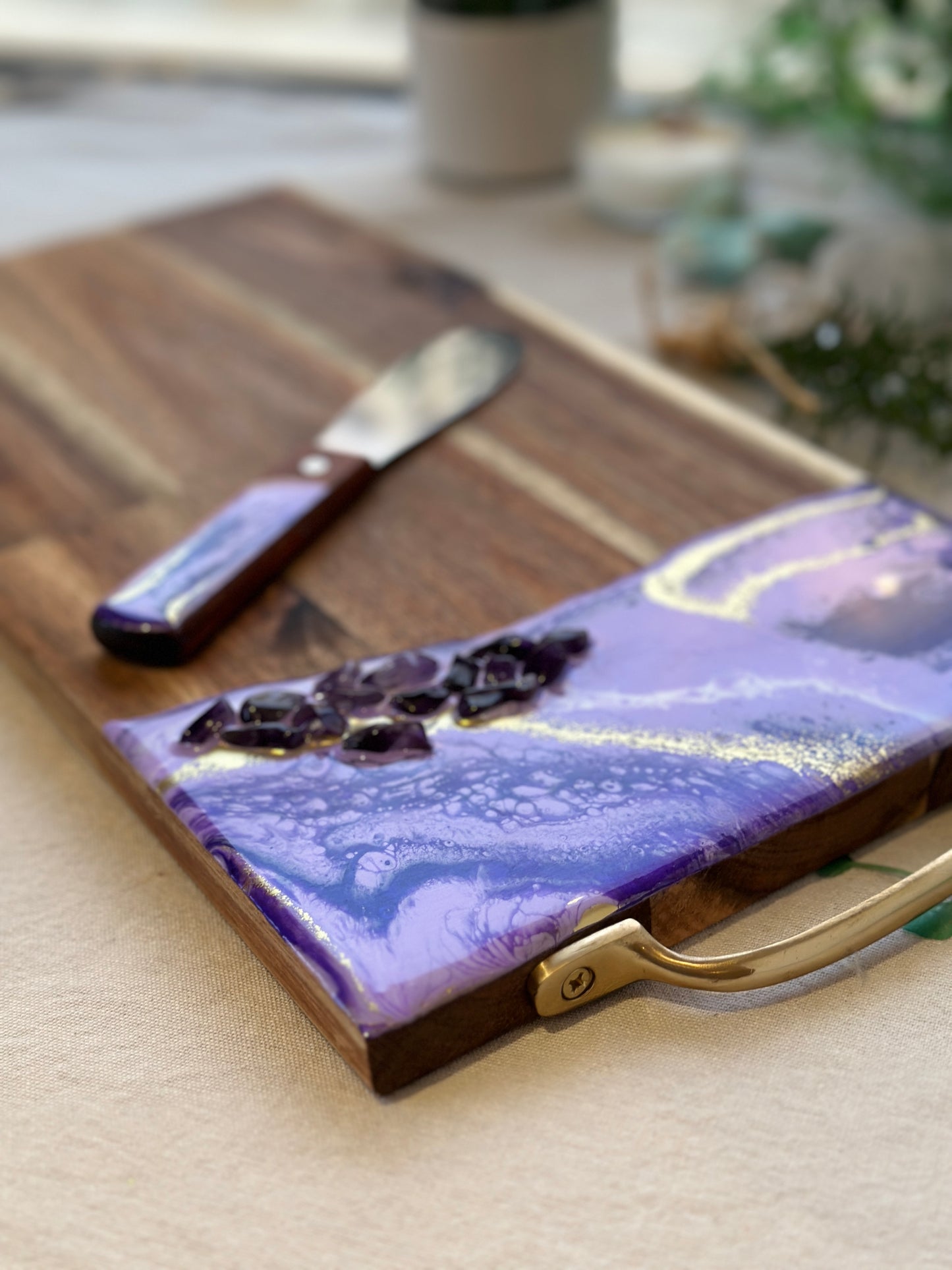 SERVING BOARD - purple resin with real amethyst crystals, serving board with FREE matching knife - READY TO POST
