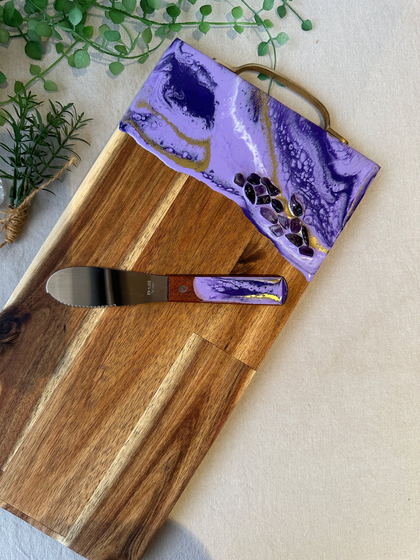 SERVING BOARD - purple resin with real amethyst crystals, serving board with FREE matching knife - READY TO POST