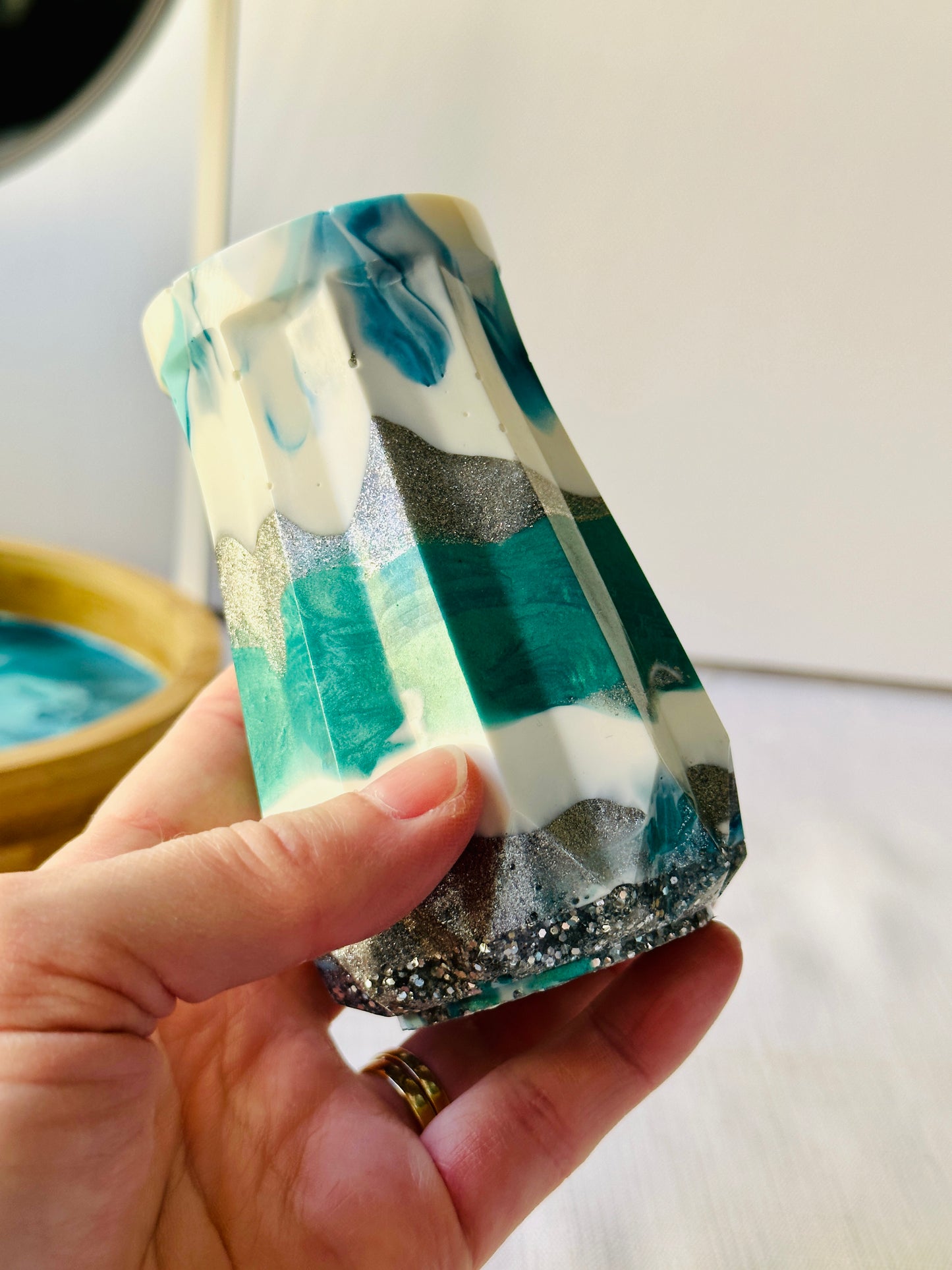 RESIN VASE - white, blue and teal with silver glitter