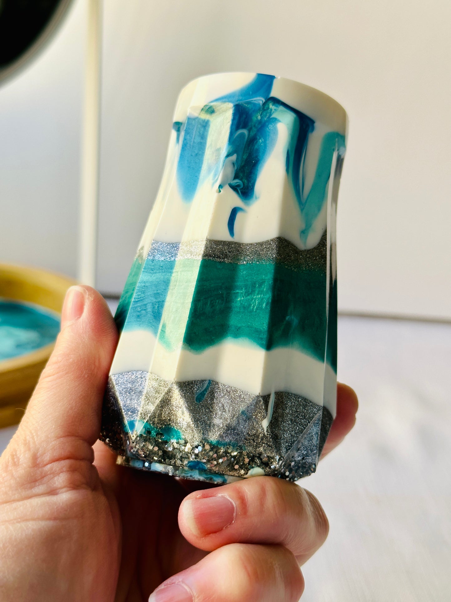 RESIN VASE - white, blue and teal with silver glitter