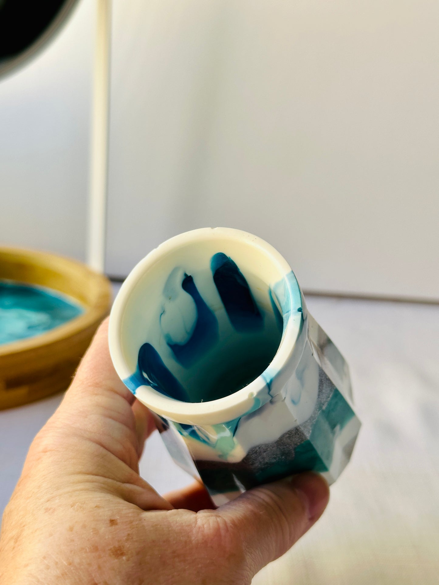 RESIN VASE - white, blue and teal with silver glitter