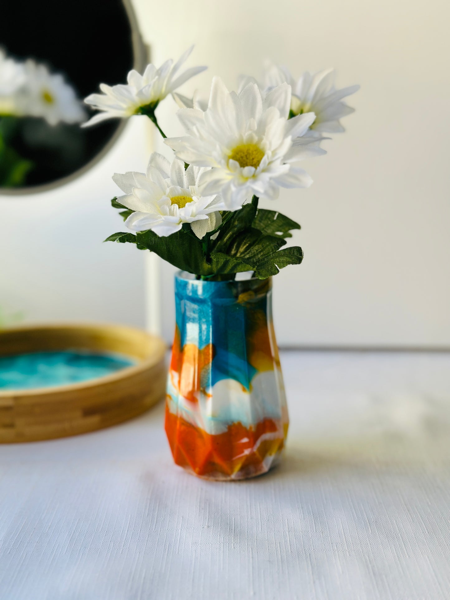 RESIN VASE - orange, blue and gold