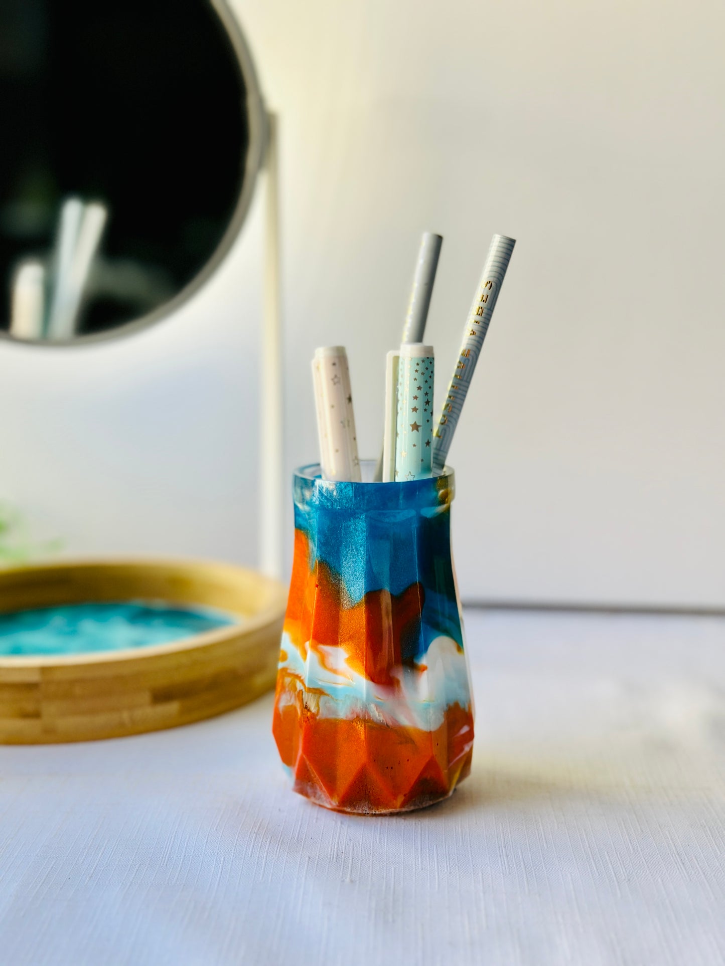 RESIN VASE - orange, blue and gold