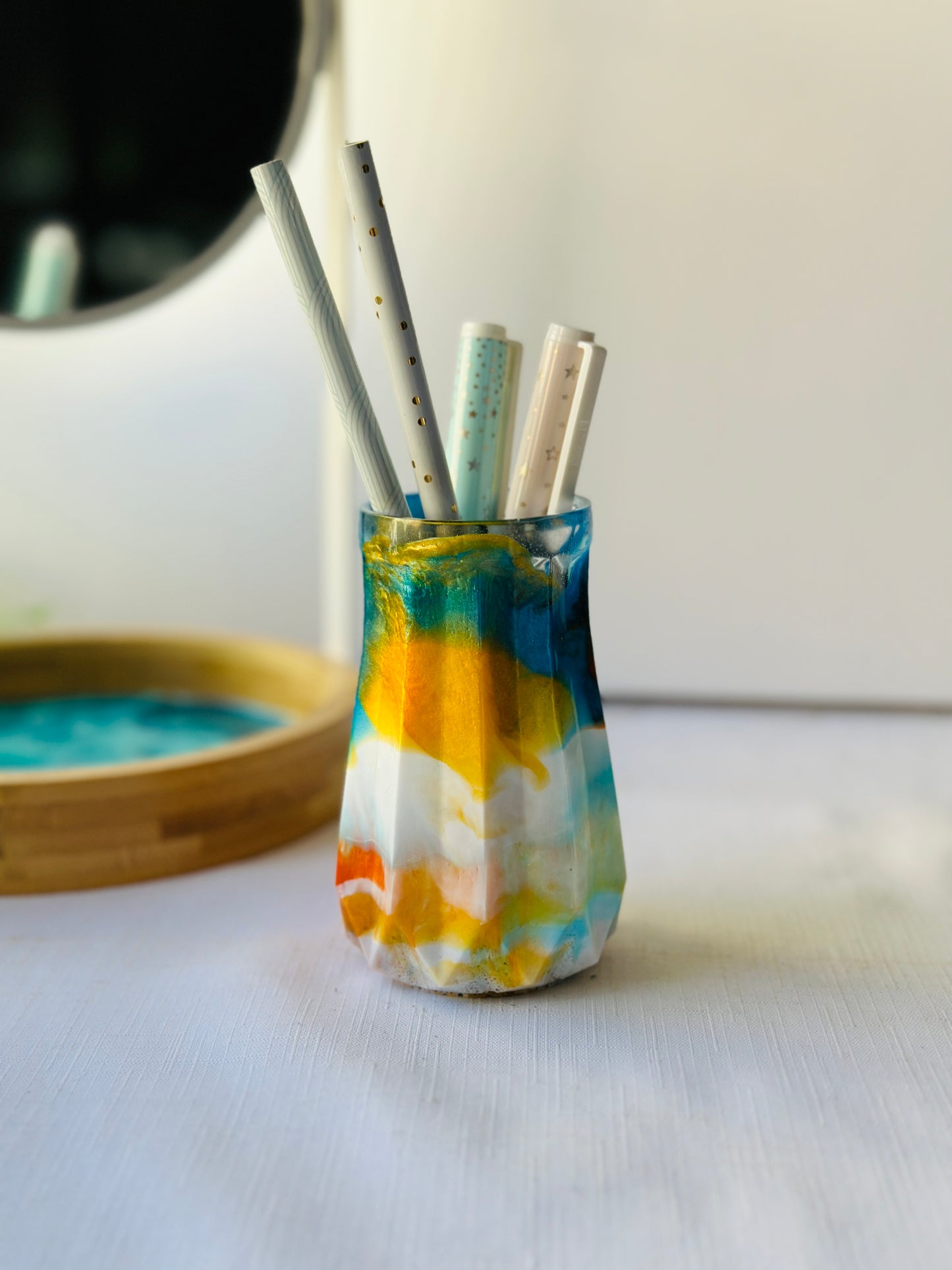 RESIN VASE - orange, blue and gold