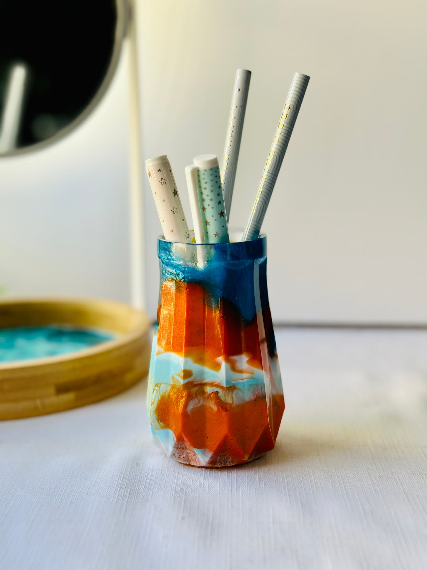 RESIN VASE - orange, blue and gold