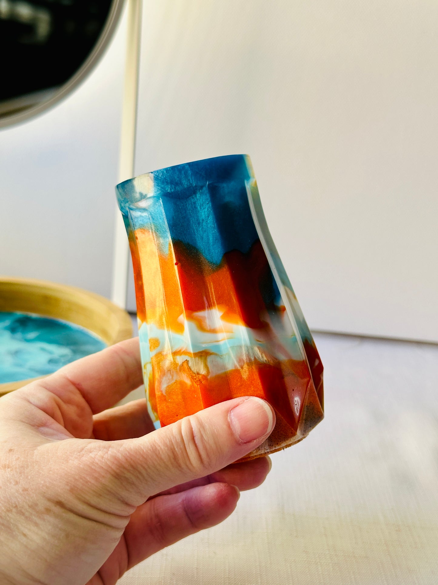 RESIN VASE - orange, blue and gold