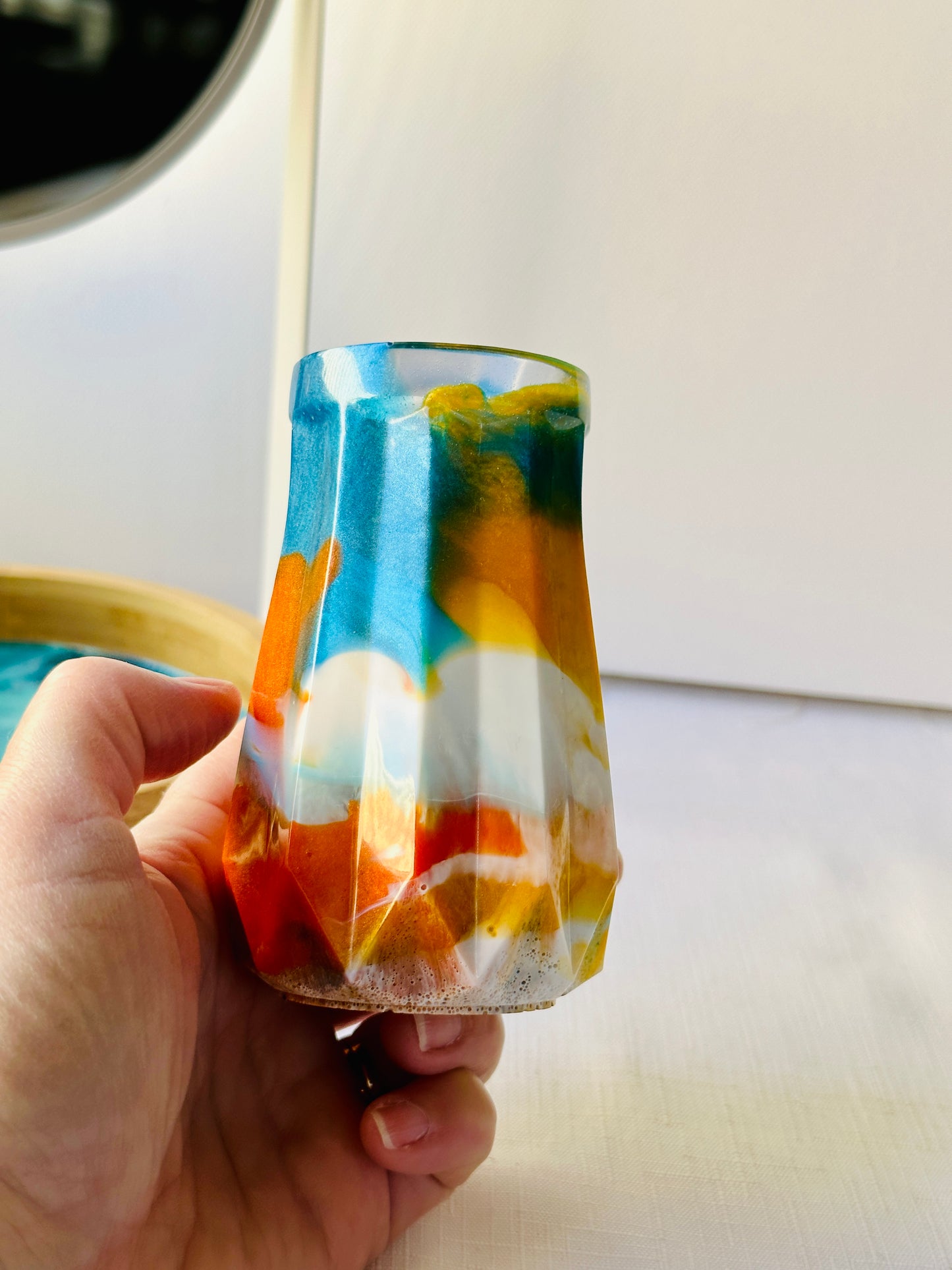 RESIN VASE - orange, blue and gold