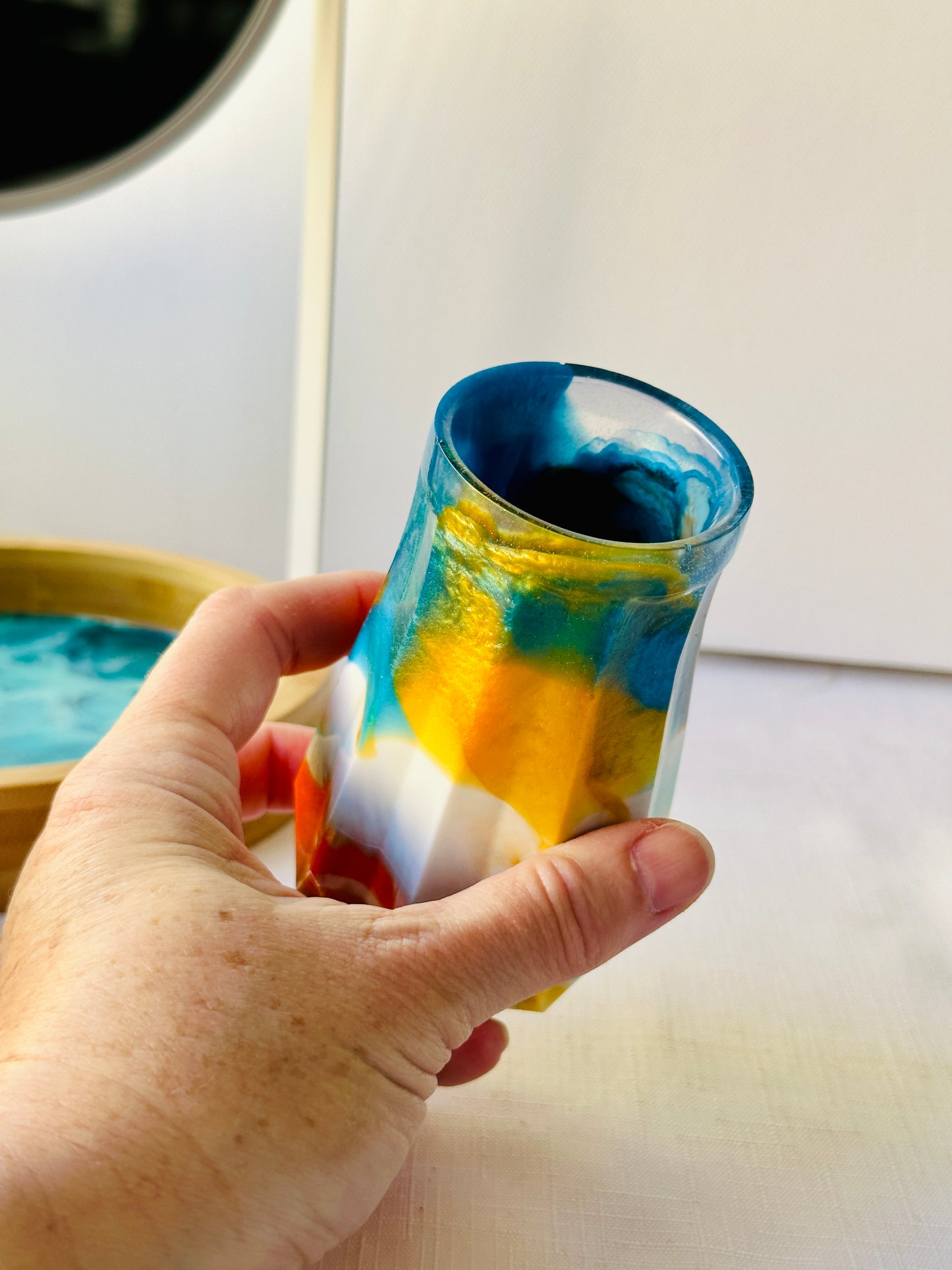 RESIN VASE - orange, blue and gold