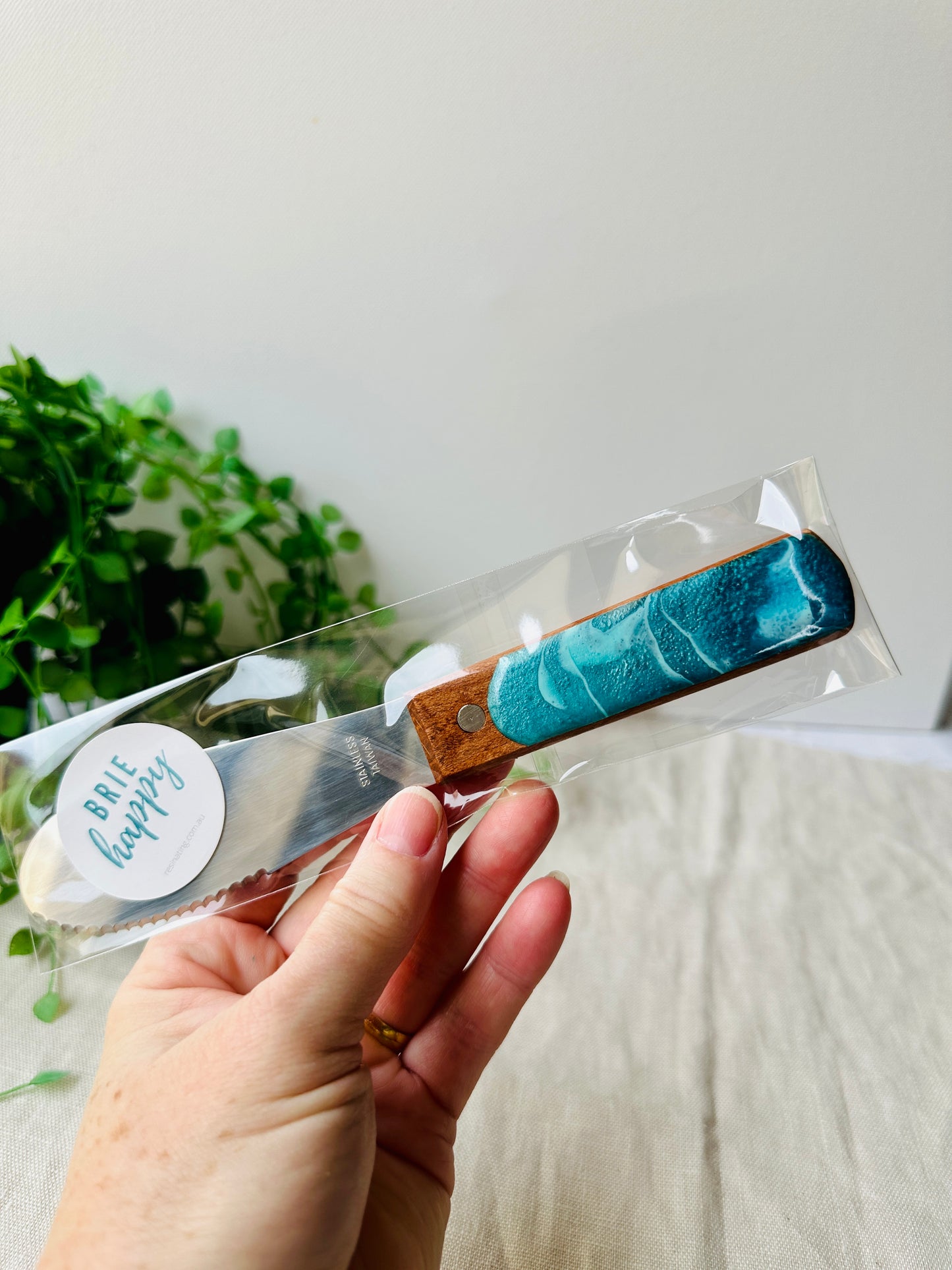 Teal and aqua resin cheese knife - READY TO POST