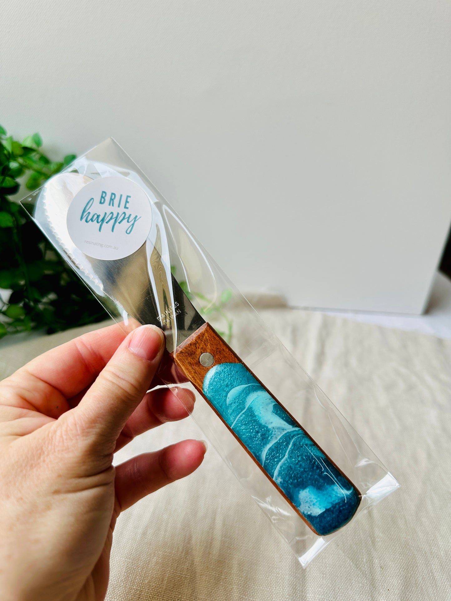 Teal and aqua resin cheese knife - READY TO POST