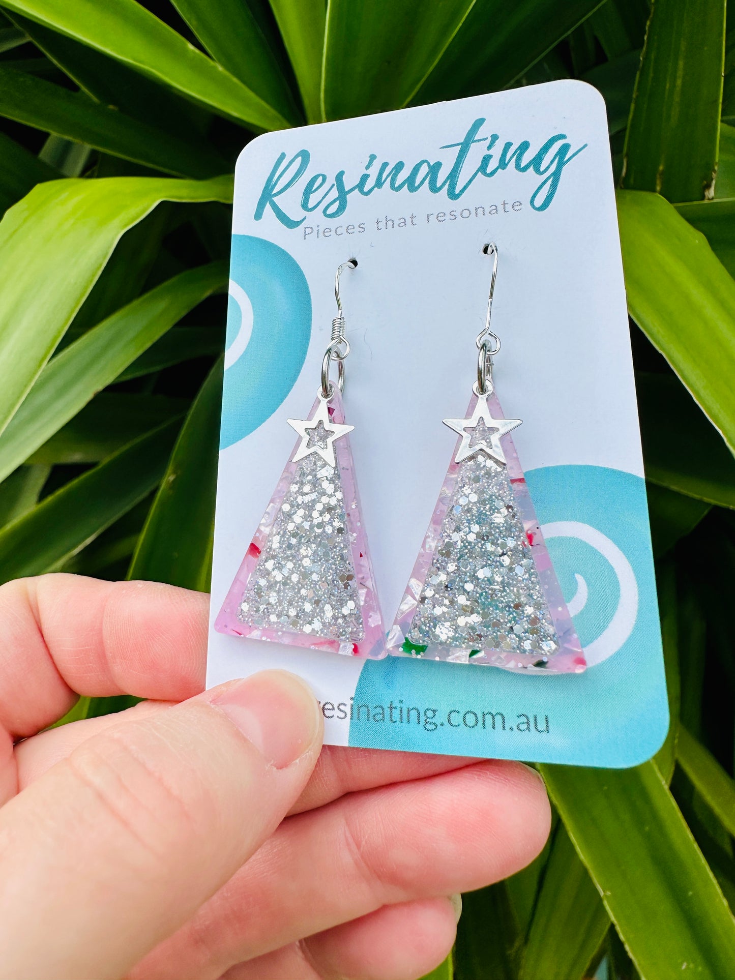 CHRISTMAS EARRINGS - Christmas tree - confetti pink and silver