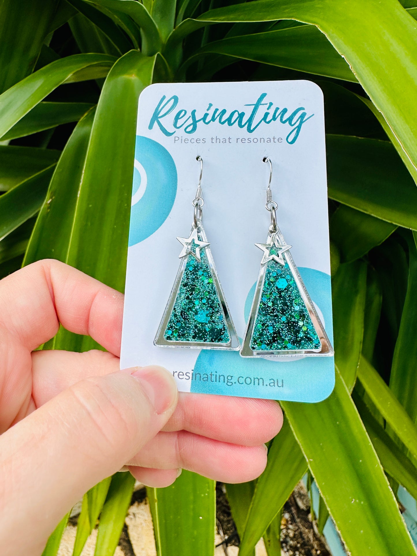 CHRISTMAS EARRINGS - Christmas tree - silver and teal