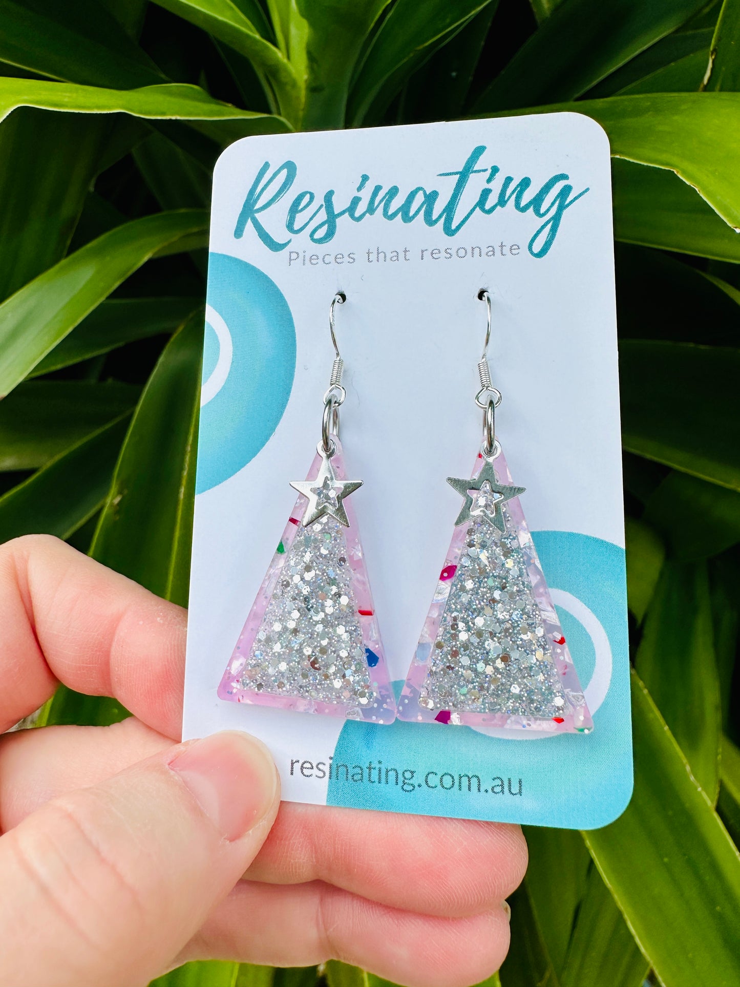 CHRISTMAS EARRINGS - Christmas tree - confetti pink and silver