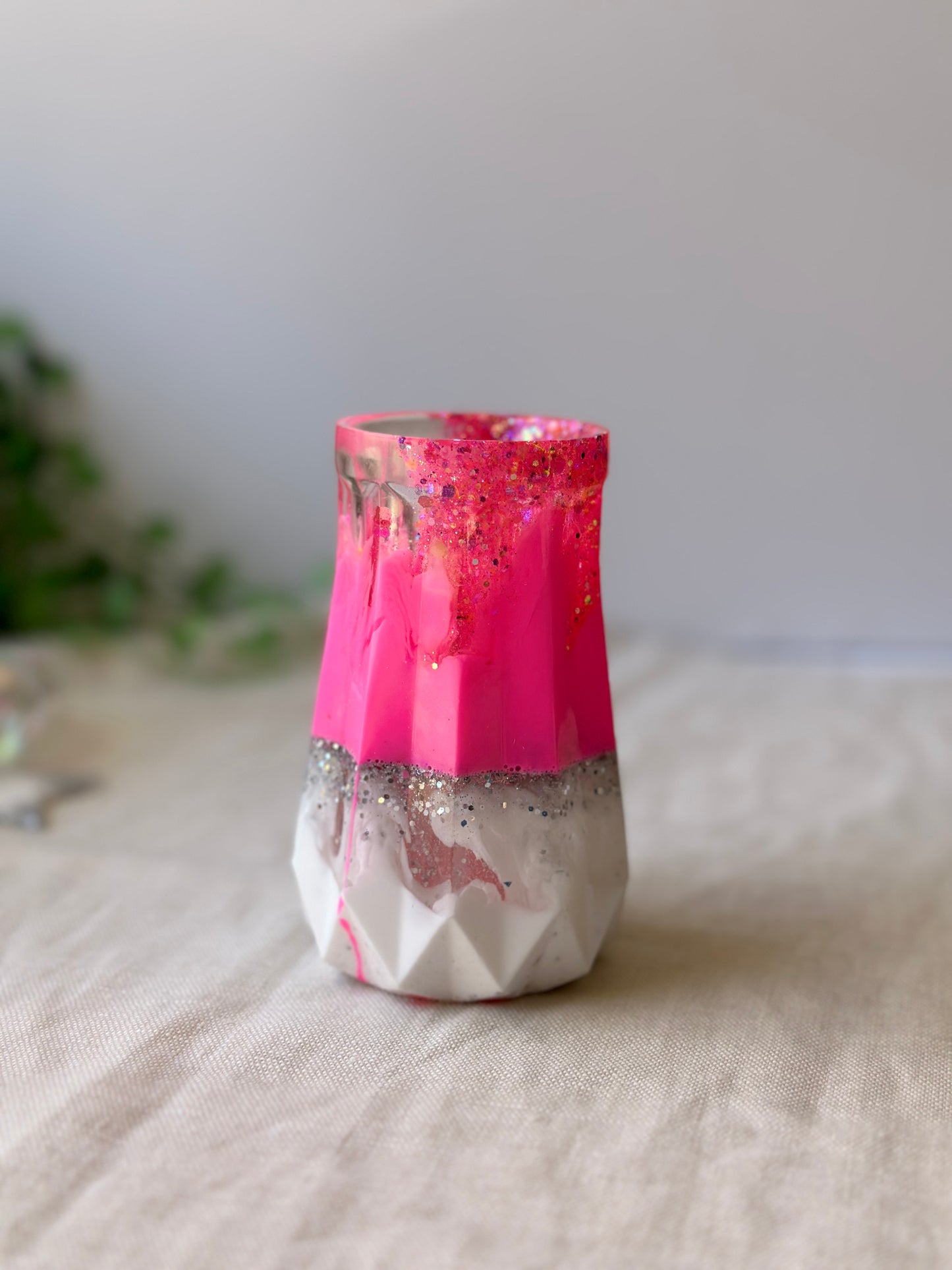 RESIN VASE - Barbie pink, white and silver