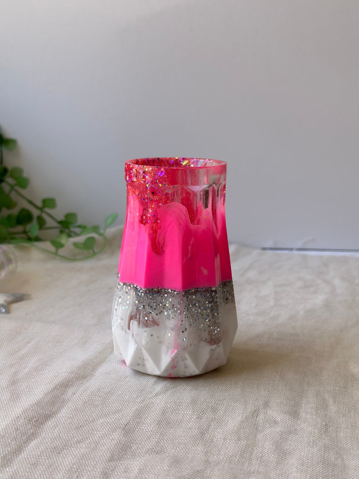 RESIN VASE - Barbie pink, white and silver