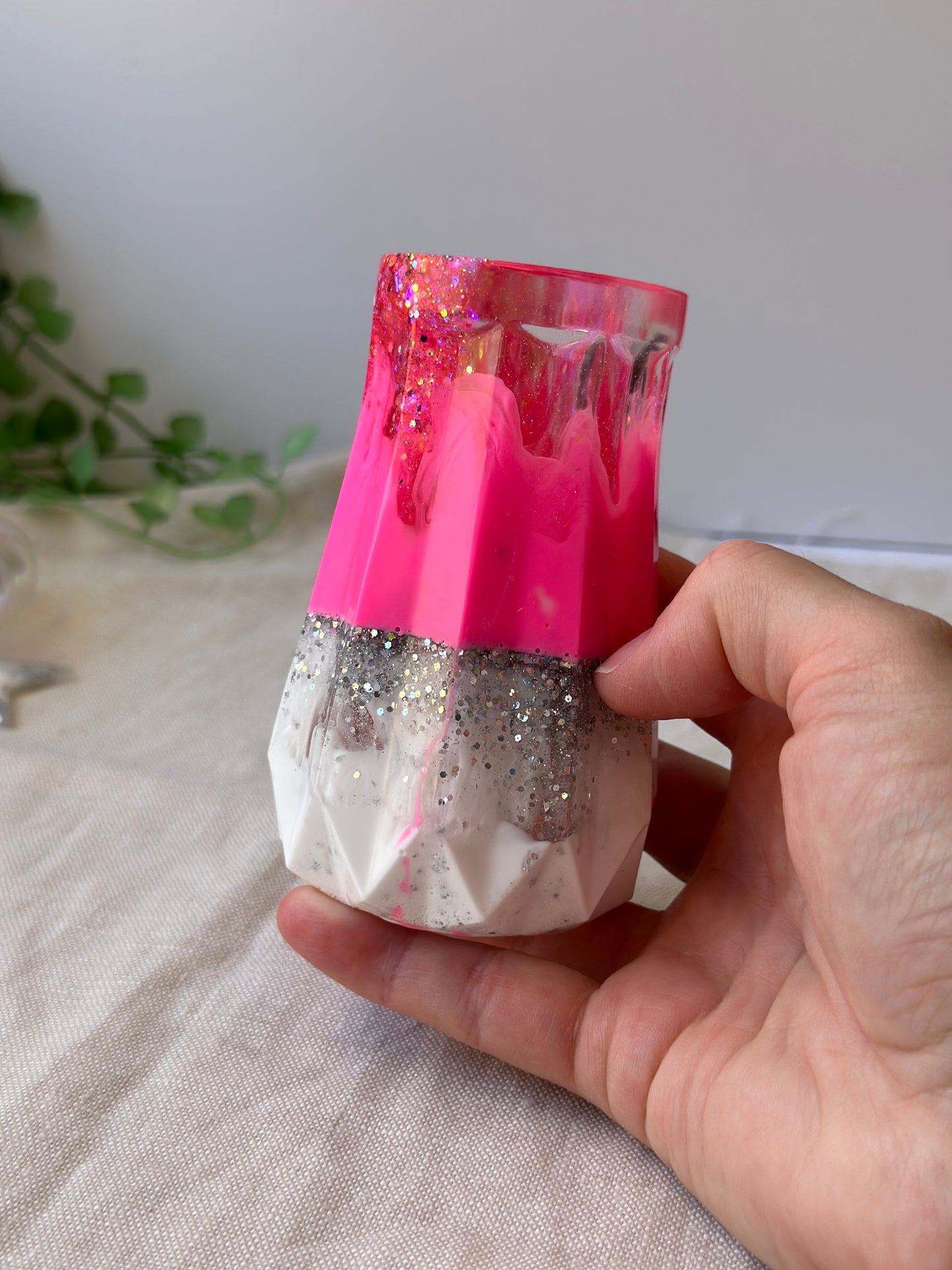 RESIN VASE - Barbie pink, white and silver