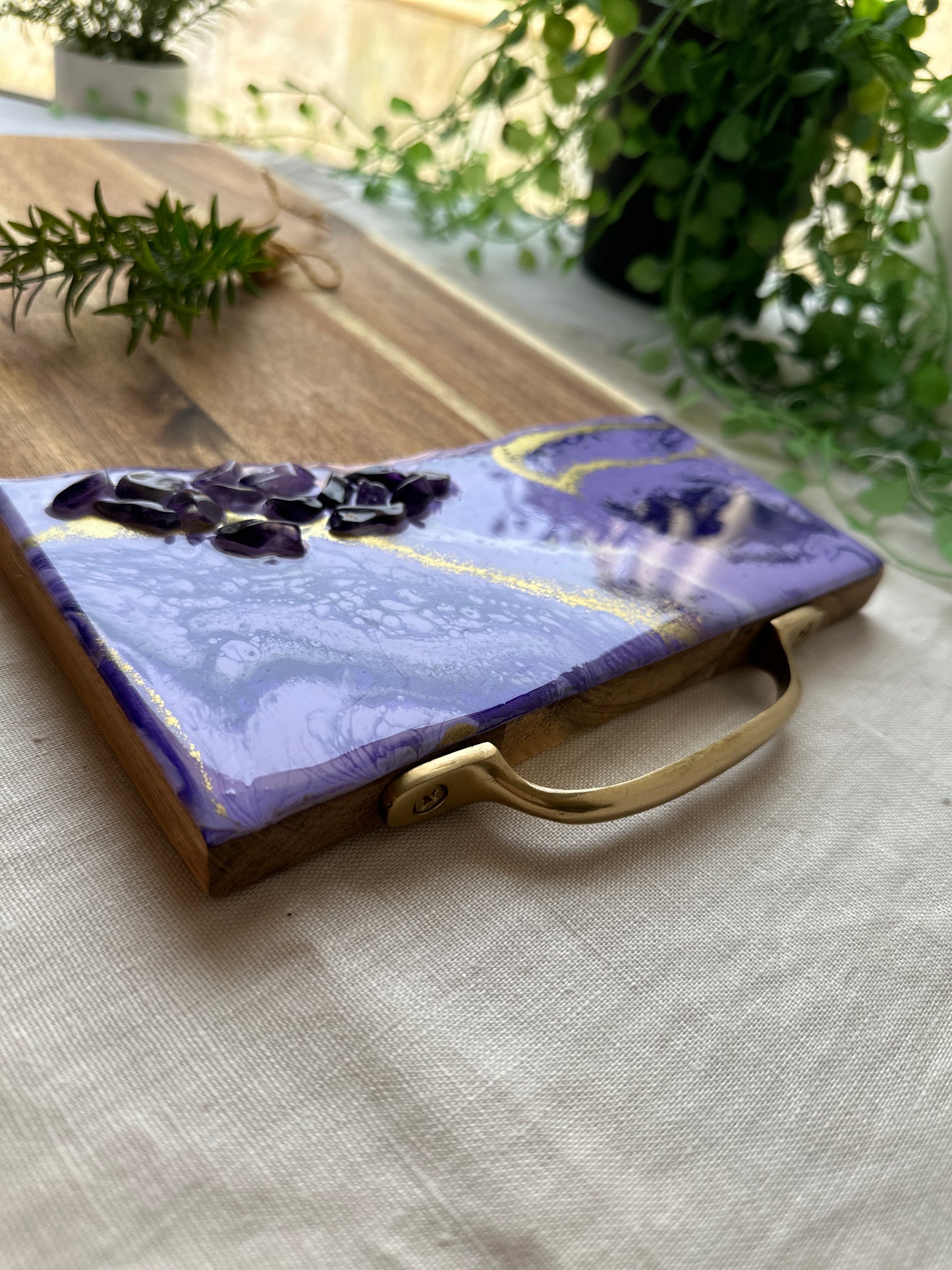SERVING BOARD - purple resin with real amethyst crystals serving board