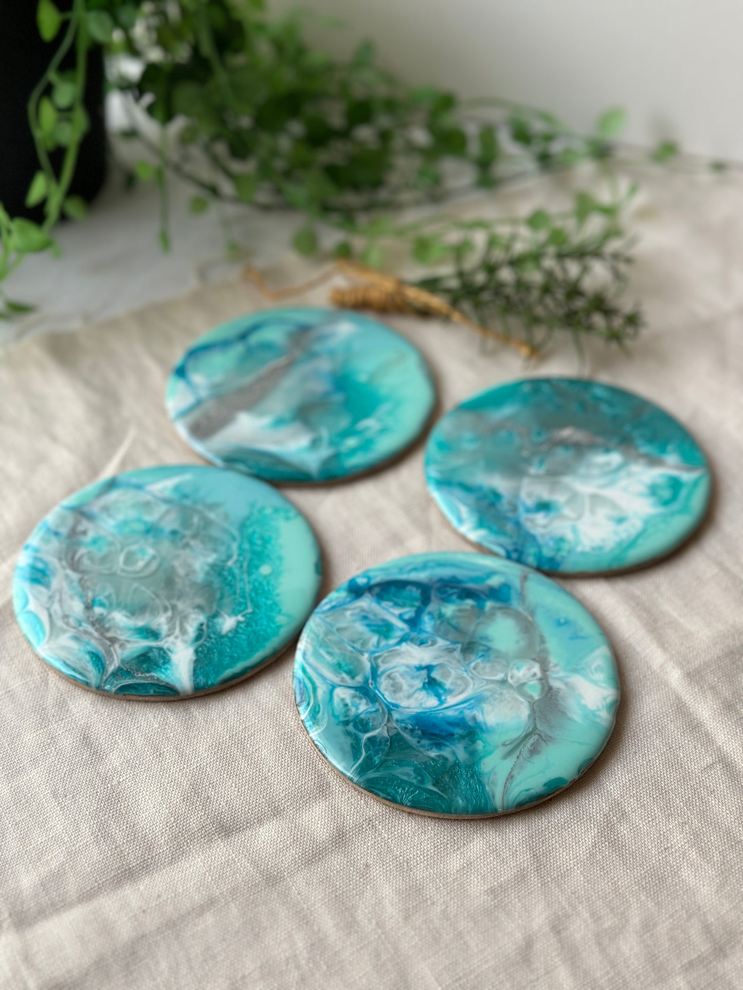 Resin art coasters - aqua, teal, white and silver, set of 4