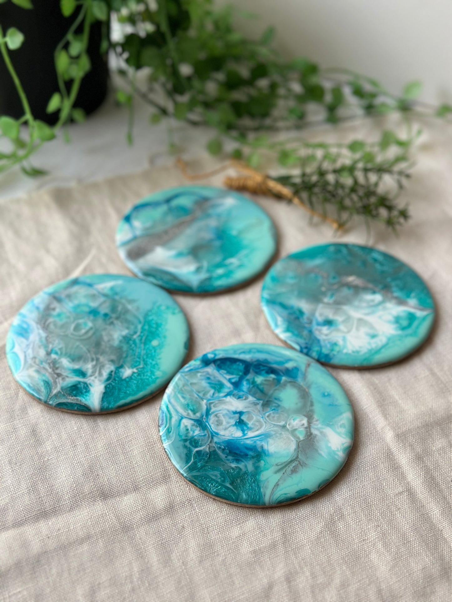 Resin art coasters - aqua, teal, white and silver, set of 4