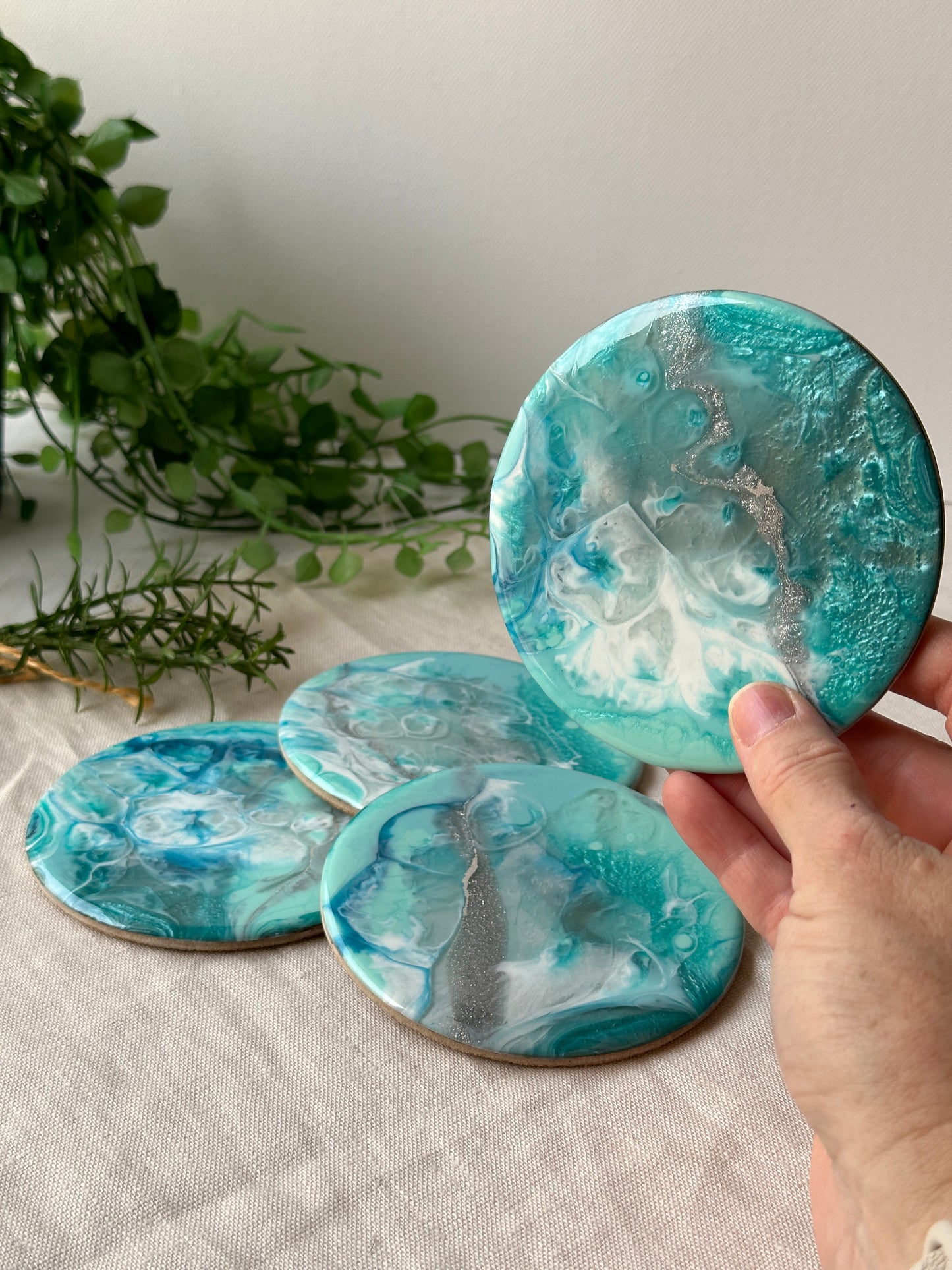 Resin art coasters - aqua, teal, white and silver, set of 4