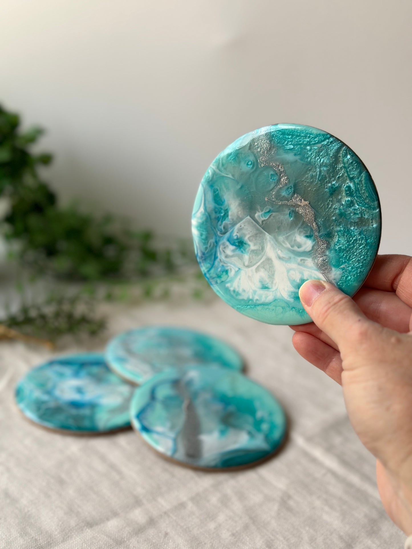 Resin art coasters - aqua, teal, white and silver, set of 4