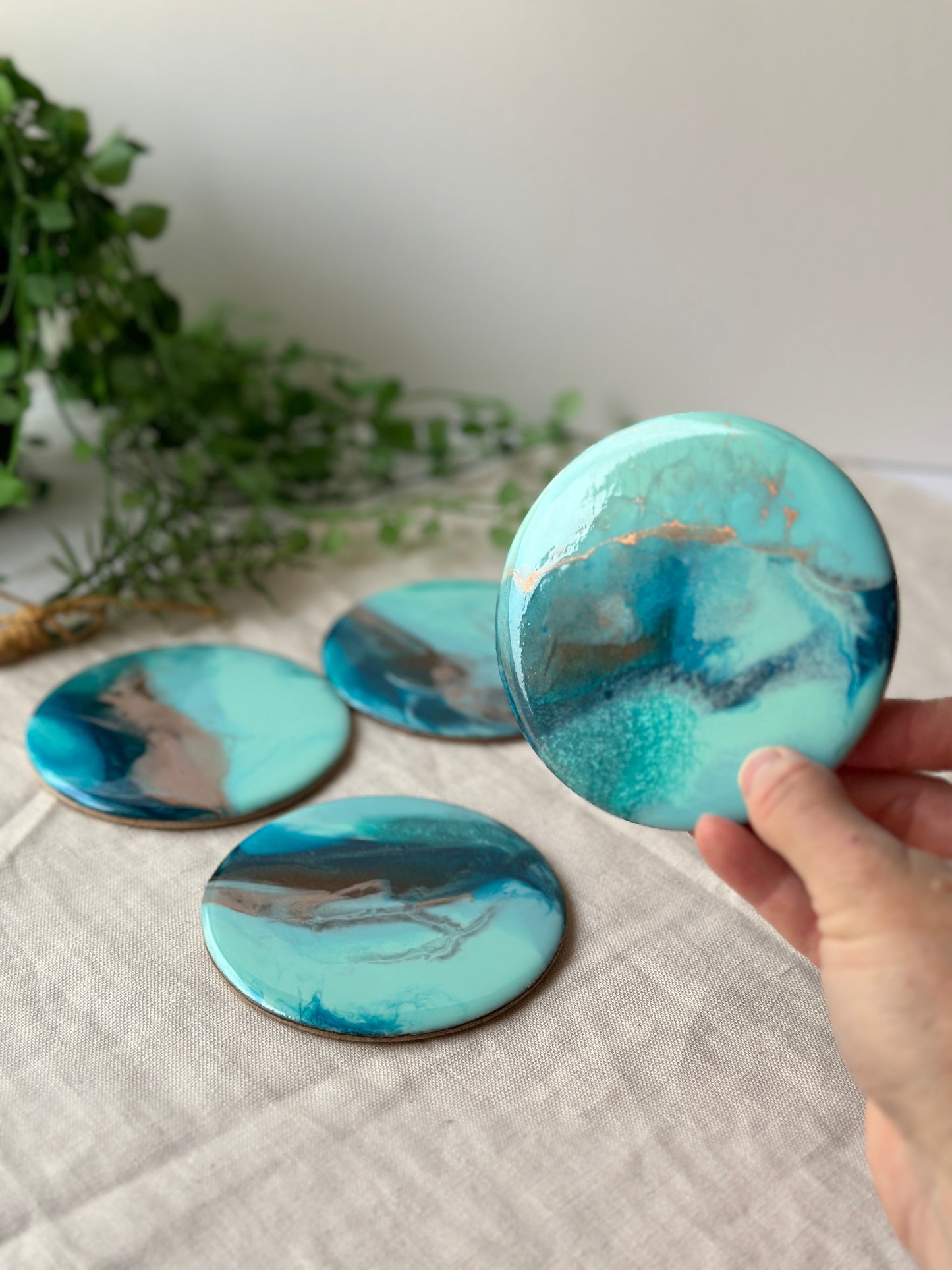 Resin art coasters - aqua, navy, copper, set of 4
