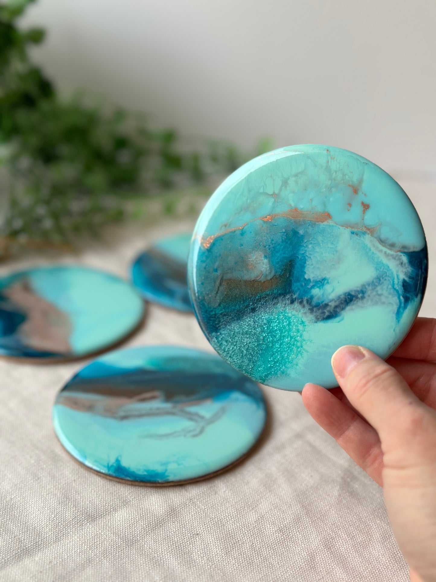 Resin art coasters - aqua, navy, copper, set of 4