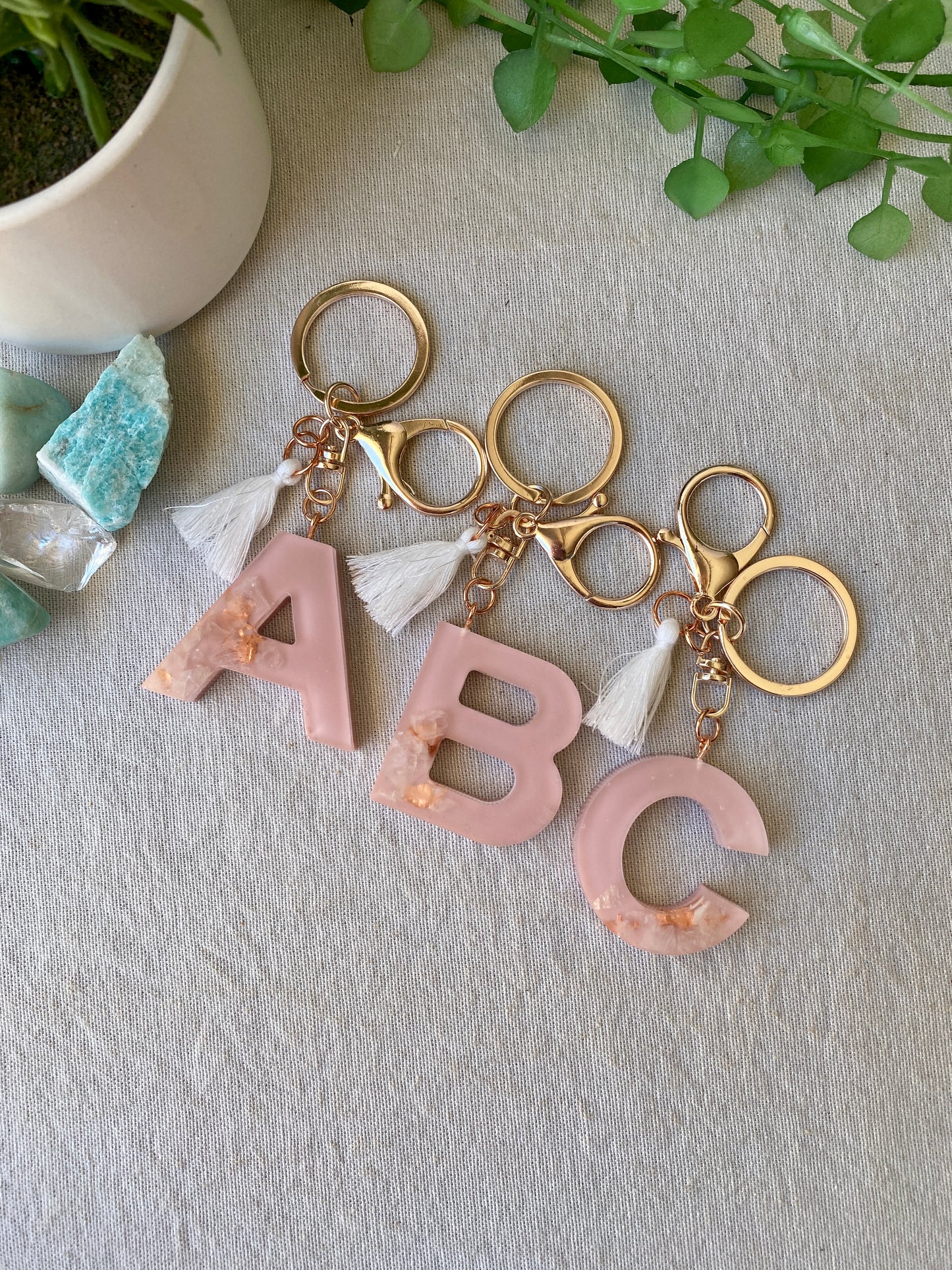 LOVE LETTERS - alphabet keyrings - ROSE QUARTZ