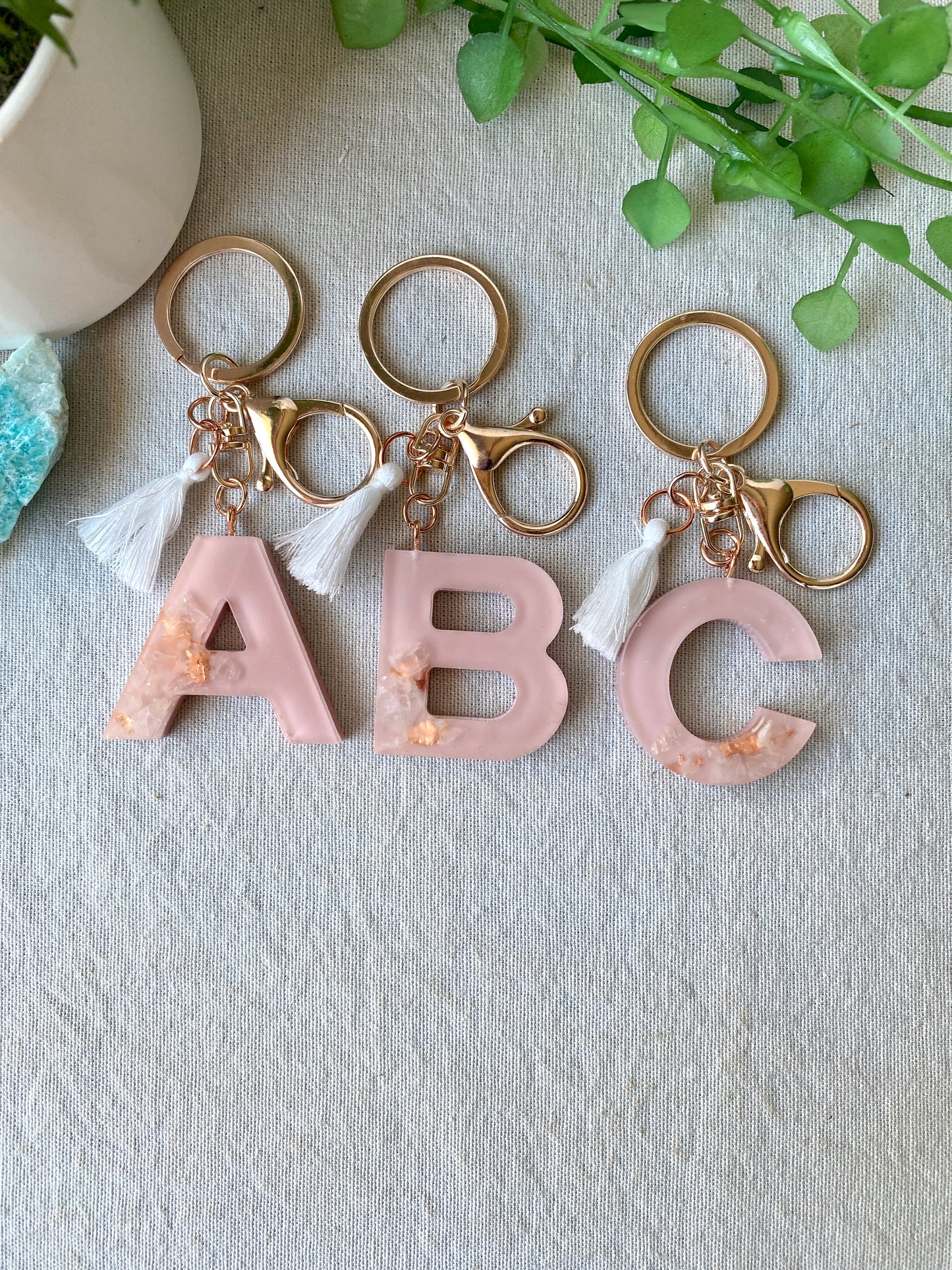LOVE LETTERS - alphabet keyrings - ROSE QUARTZ