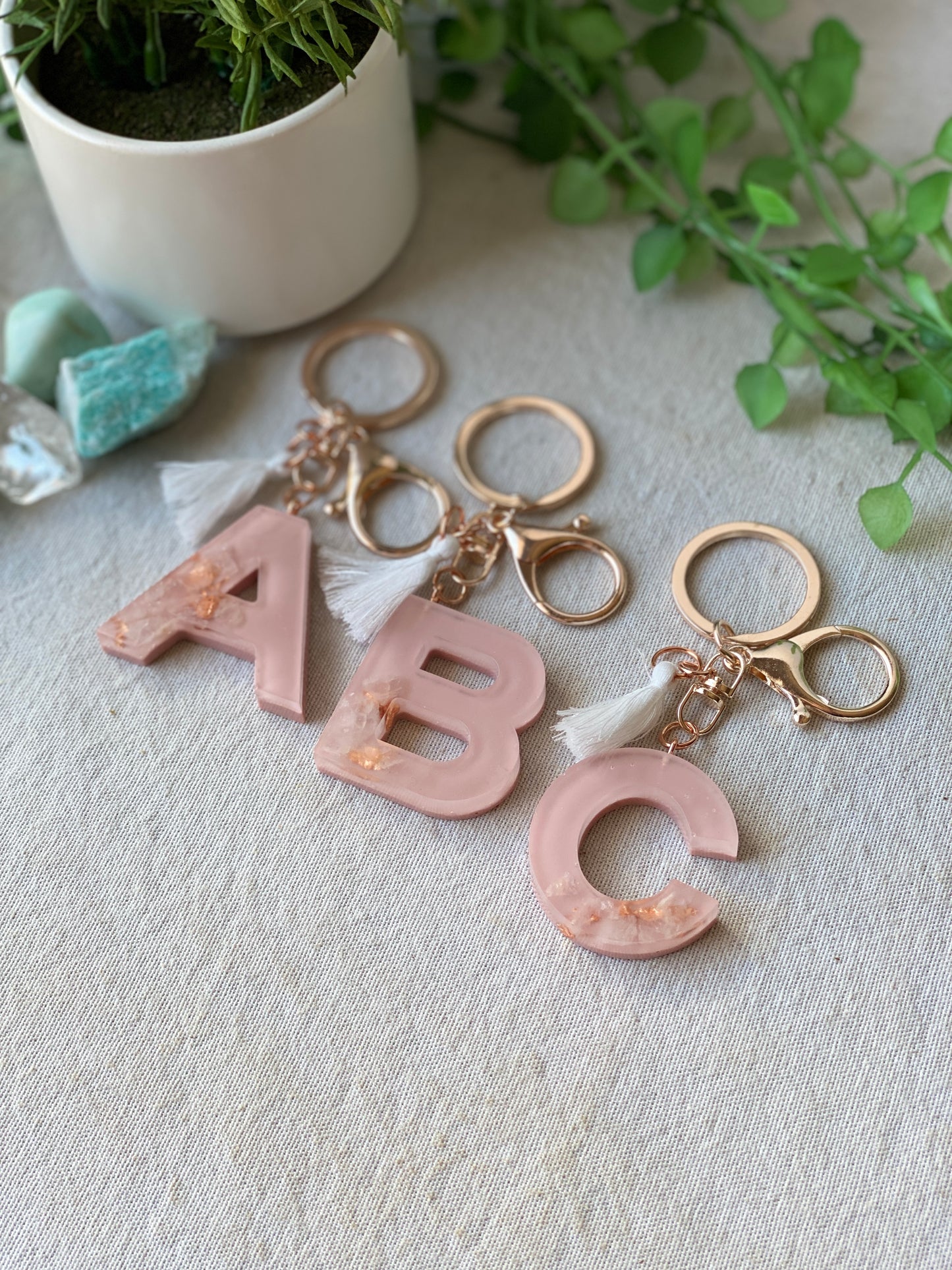 LOVE LETTERS - alphabet keyrings - ROSE QUARTZ
