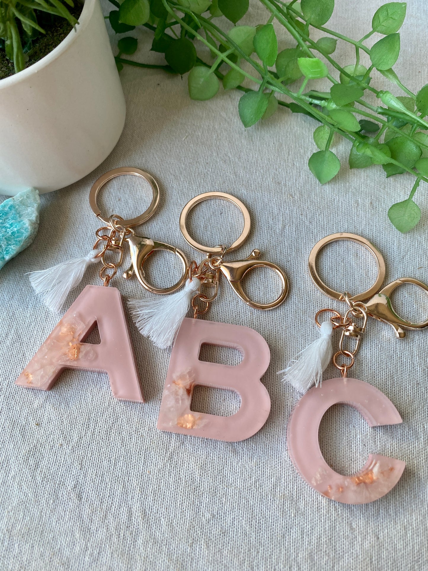 LOVE LETTERS - alphabet keyrings - ROSE QUARTZ