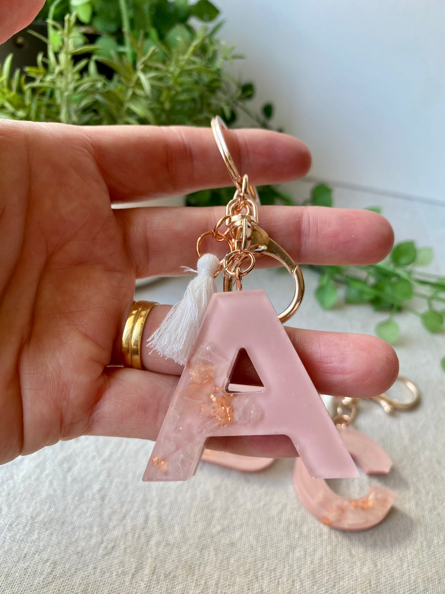 LOVE LETTERS - alphabet keyrings - ROSE QUARTZ