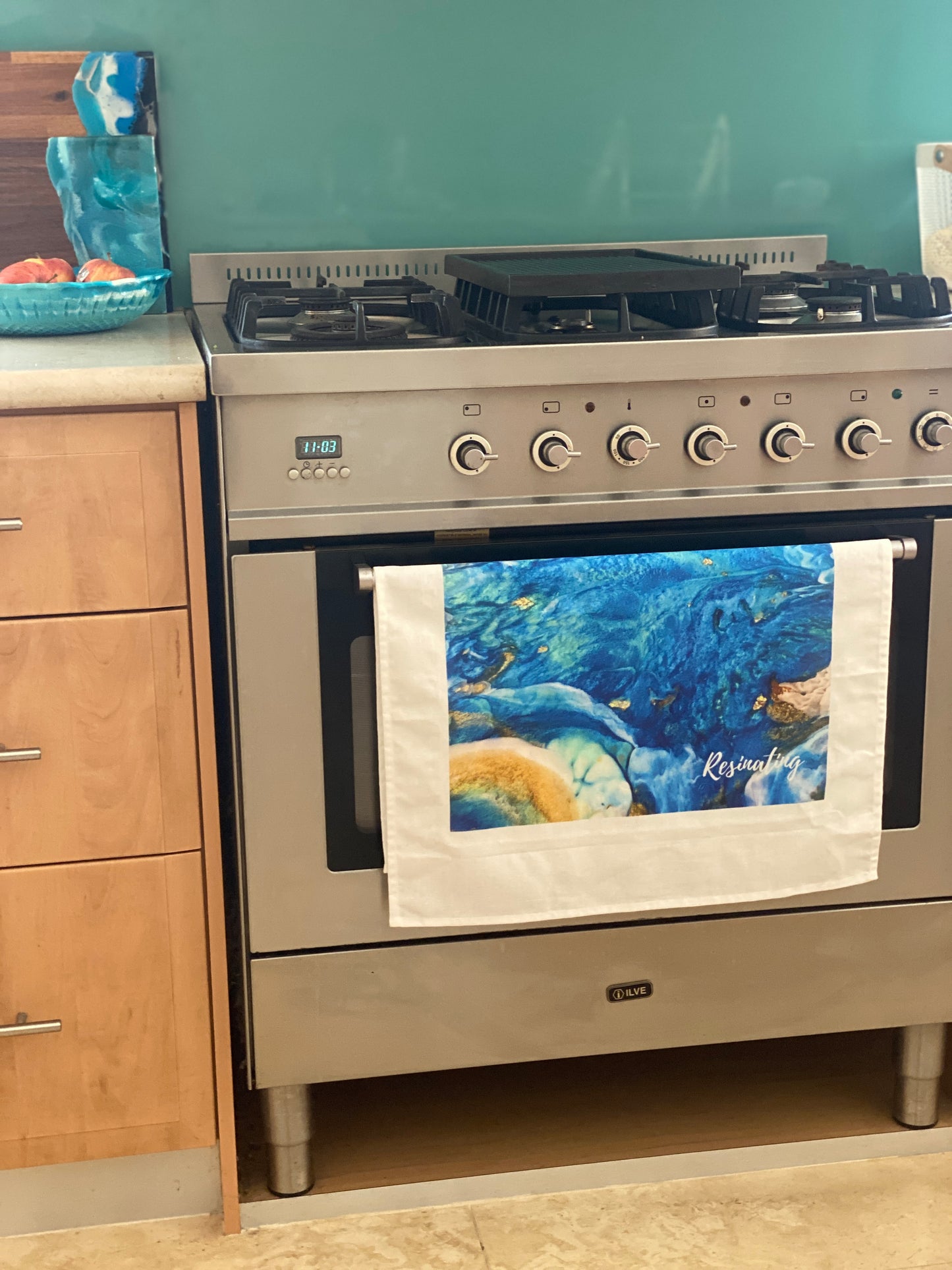 Resin art tea towel - blue resin art