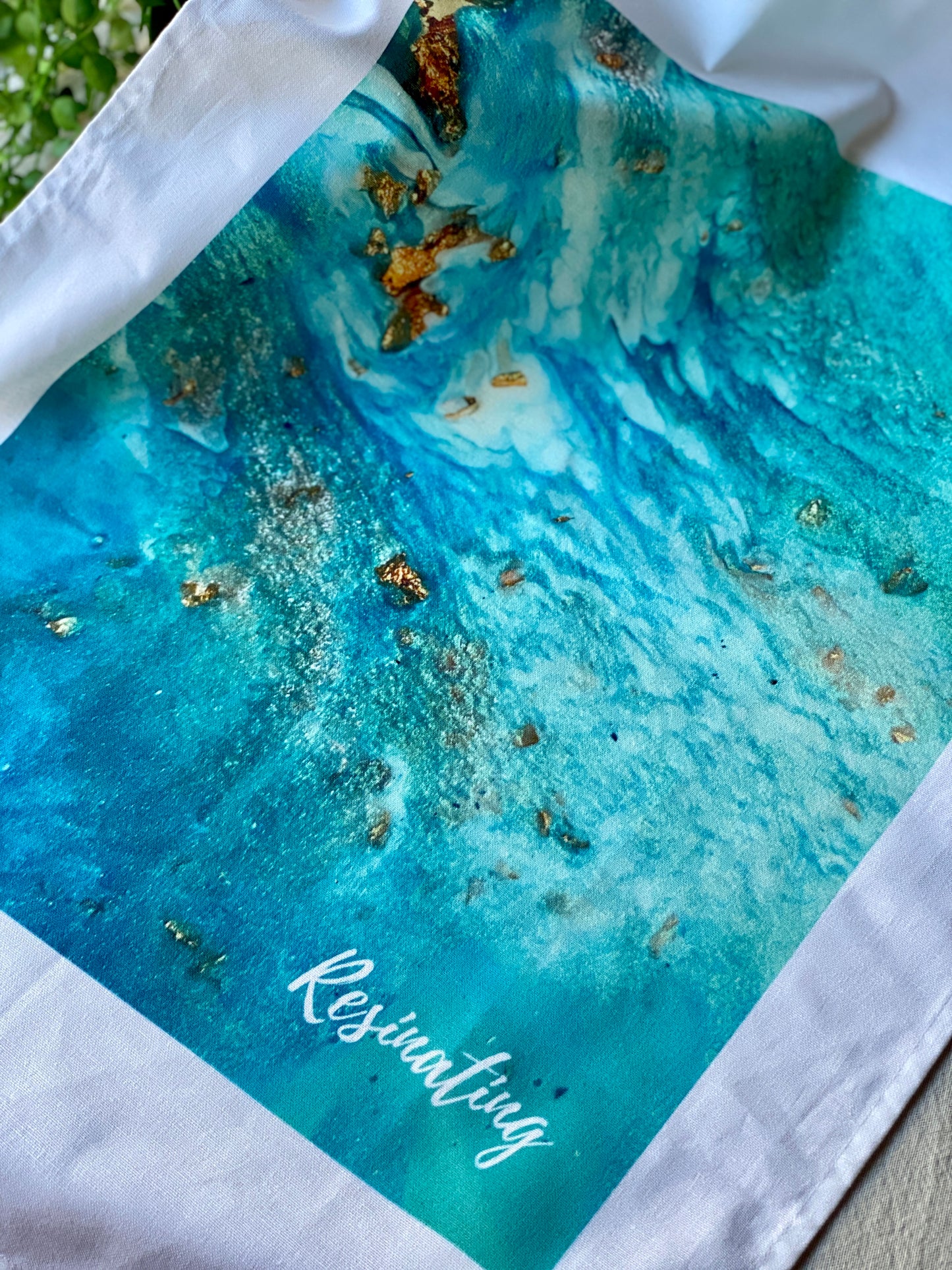 Resin art tea towel - aqua green resin art