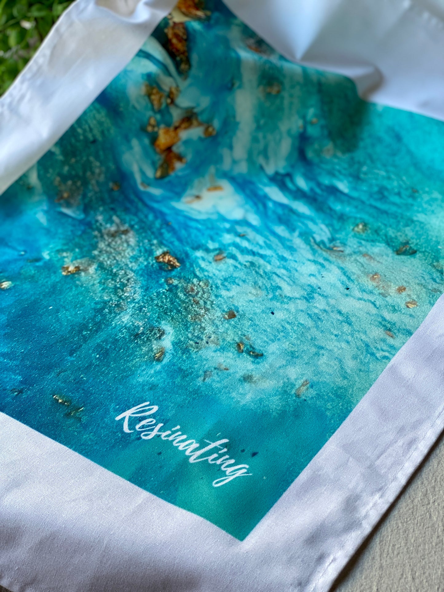 Resin art tea towel - aqua green resin art