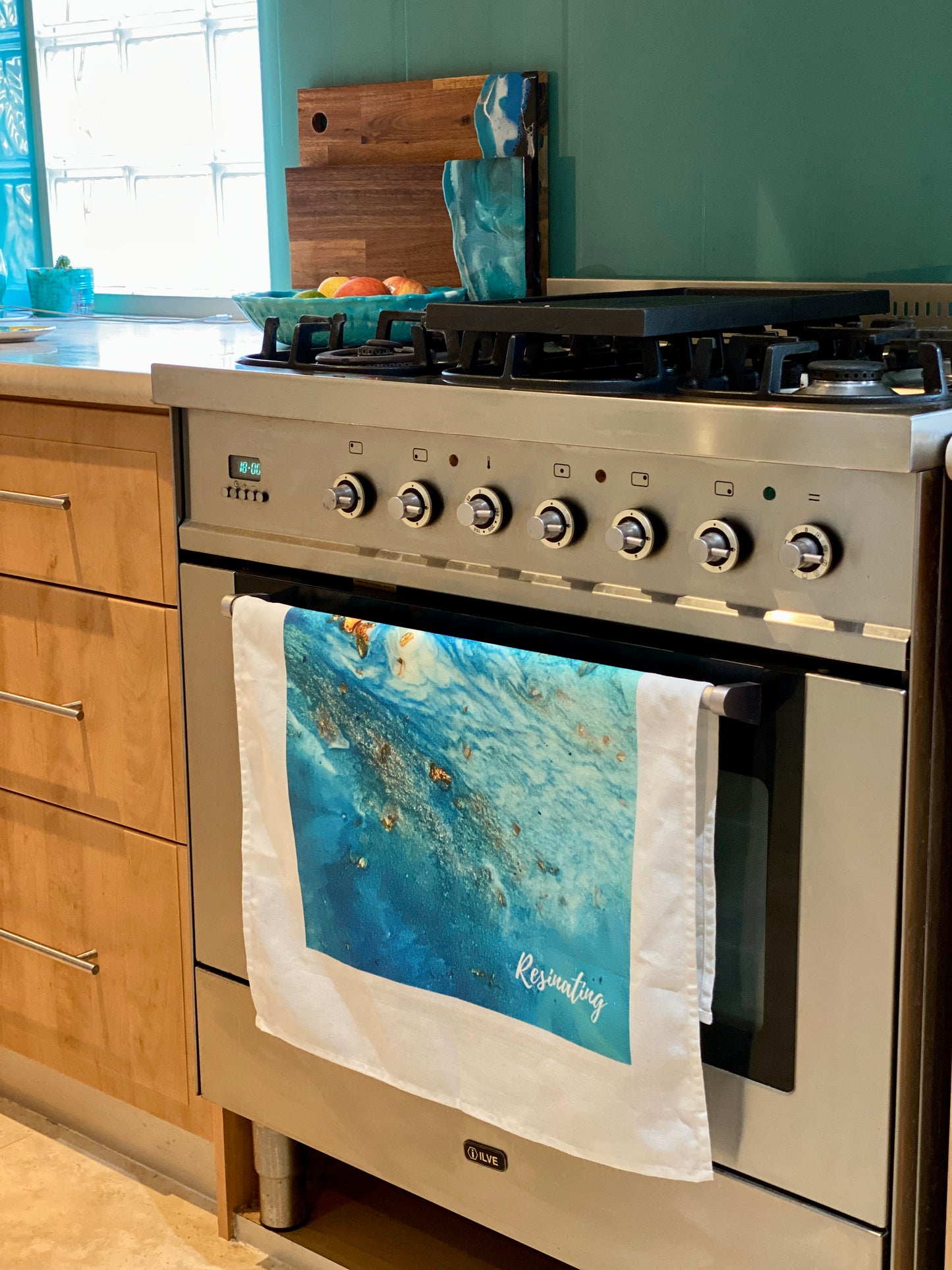 Resin art tea towel - aqua green resin art