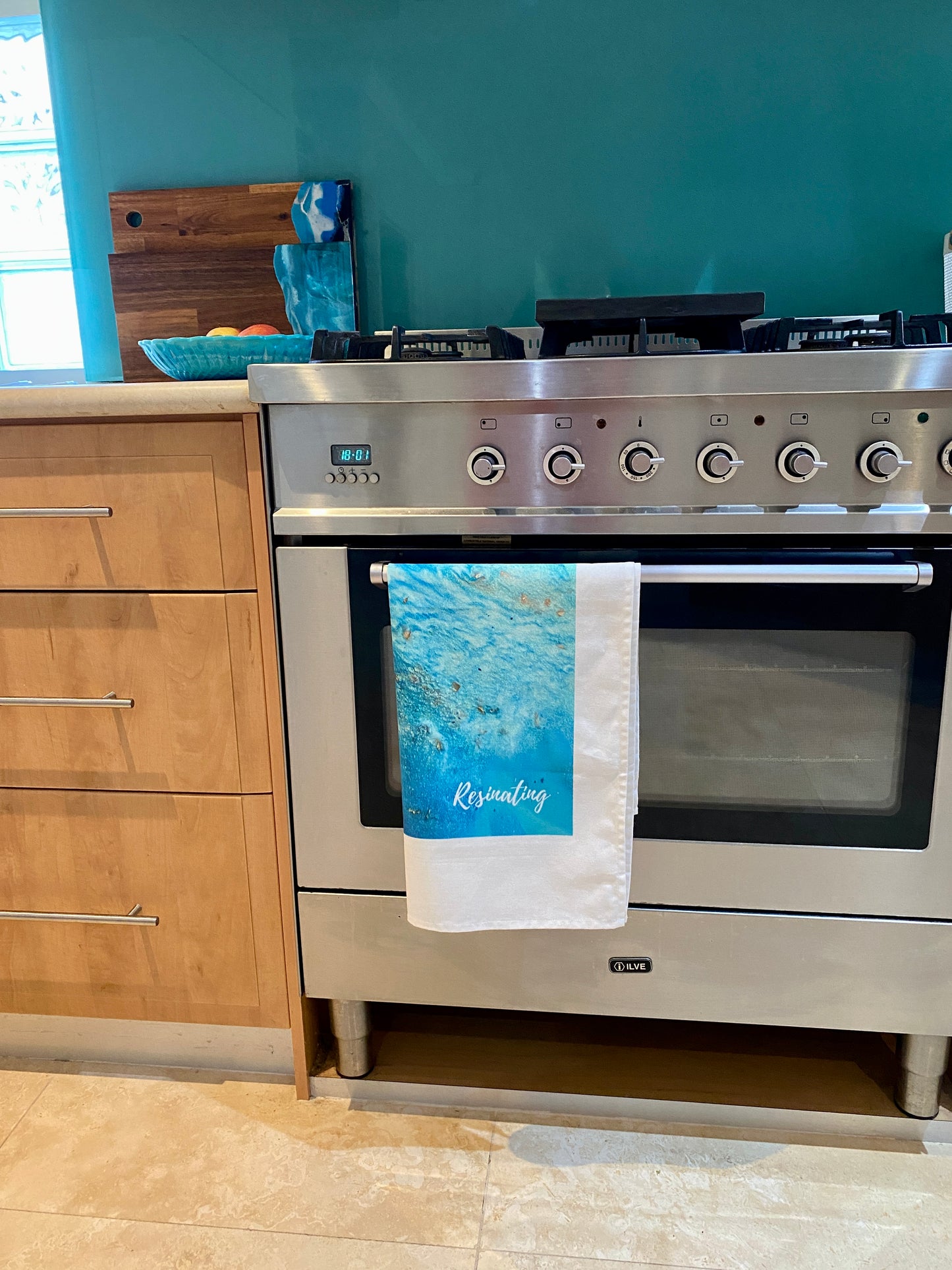 Resin art tea towel - aqua green resin art
