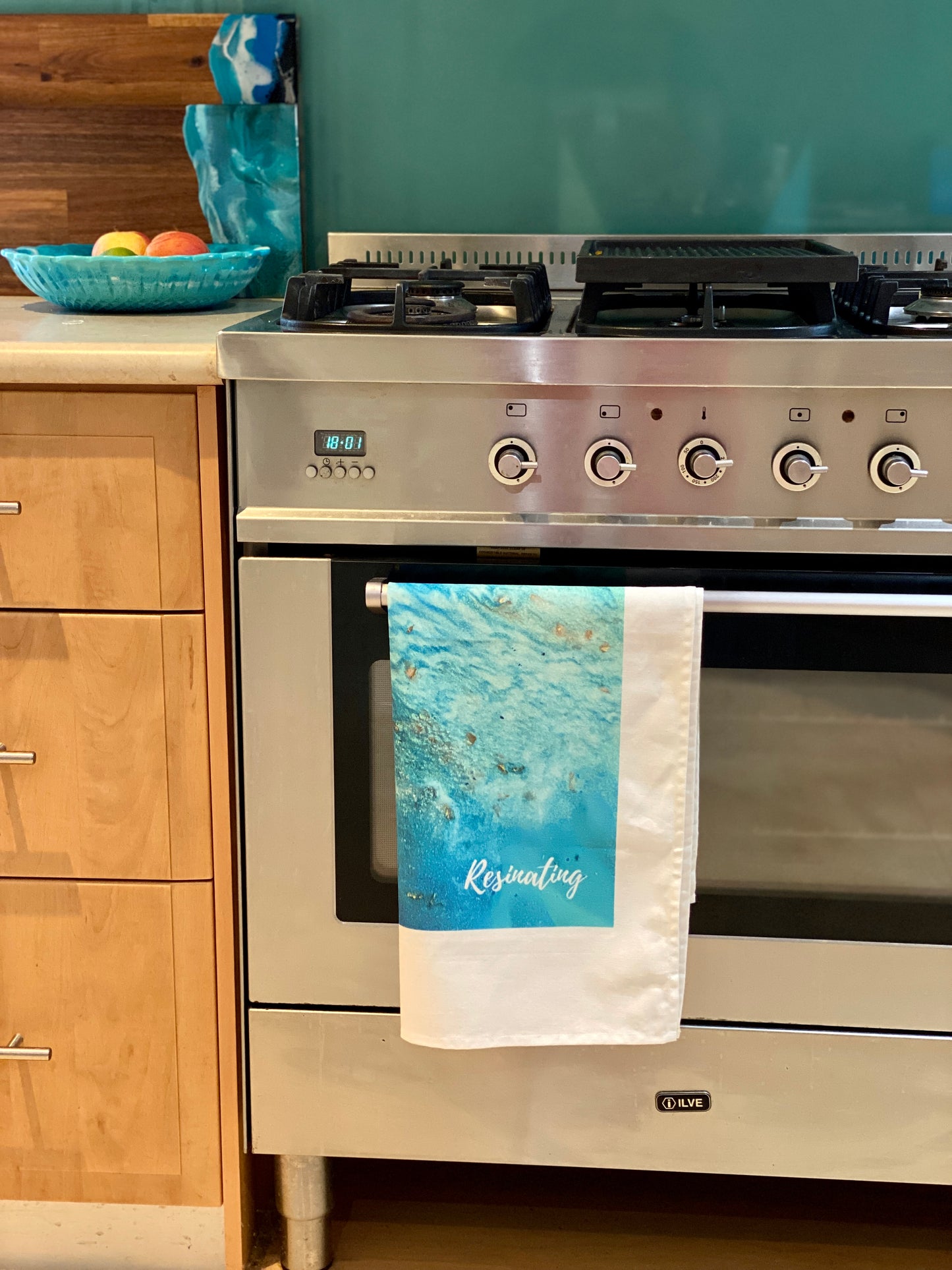 Resin art tea towel - aqua green resin art